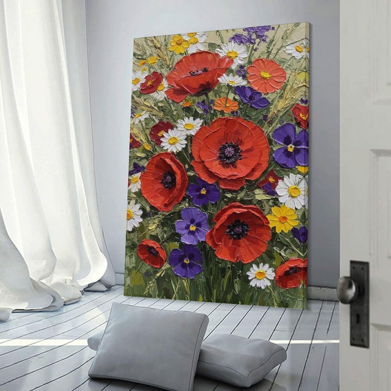 Junmoney Frame-Style-9 Poppy And Daisy Bouquet Room Decor Wall Art 20X30inch(50X75cm), For Entrance Walls, Hall Decor Or Foyers, A Neat Decor Update For Hallways