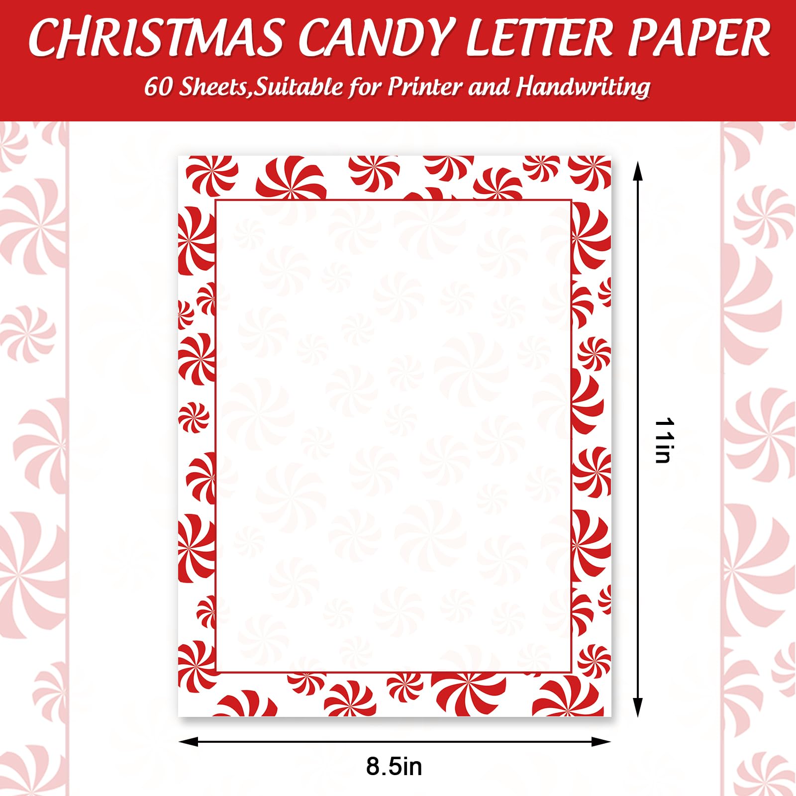 JarThenaAMCS Weihnachtsbriefpapier, doppelseitiger Druck, rote Zuckerstange, gestreift, Briefpapier für Notizen, Grußkarten, Einladungen, Bürodruck, 21,6 x 27,9 cm, 60 Blatt