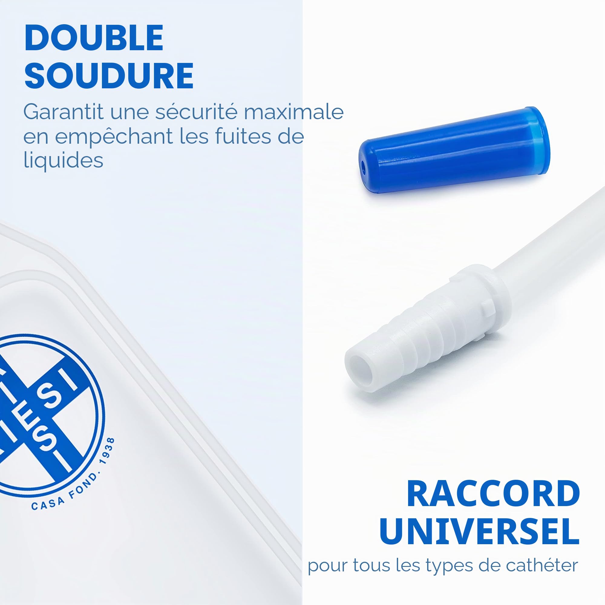 AIESI® Sac de drainage urinaire de jambe capacité 750 ml tube 30 cm avec robinet de vidange en croix (T) et valve anti-reflux HOSPI-GO (Paquet de 10 pièces), Dos en TNT respirant