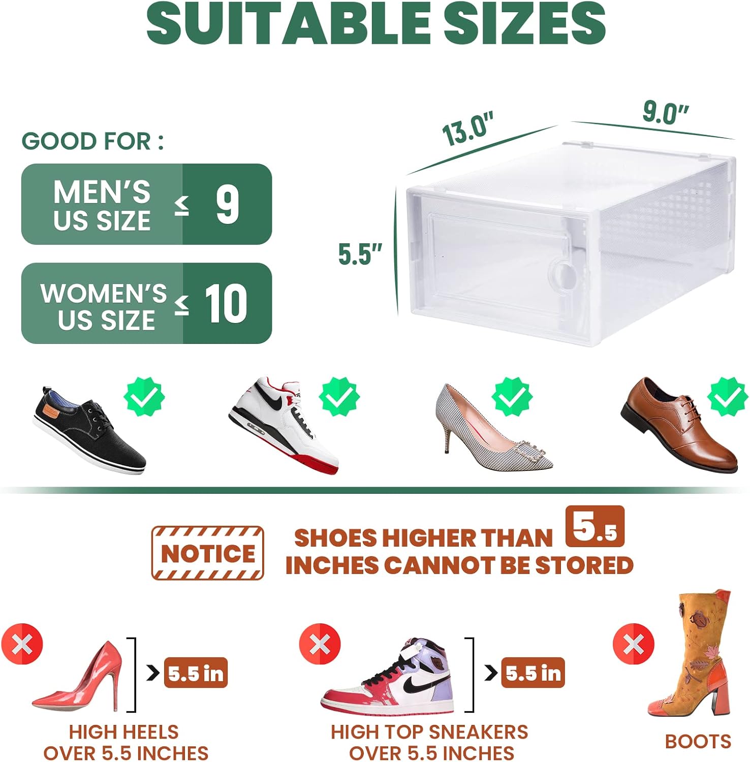 WALL QMER Shoe Boxes Clear Plastic Stackable, 12 Pack Shoe Storage 13 x 9 x 5.5in, Shoe Organizer with Lids, Sturdy, Easy to Install, Front Opening Shoe Holder Containers, Storage Box for Multi-use