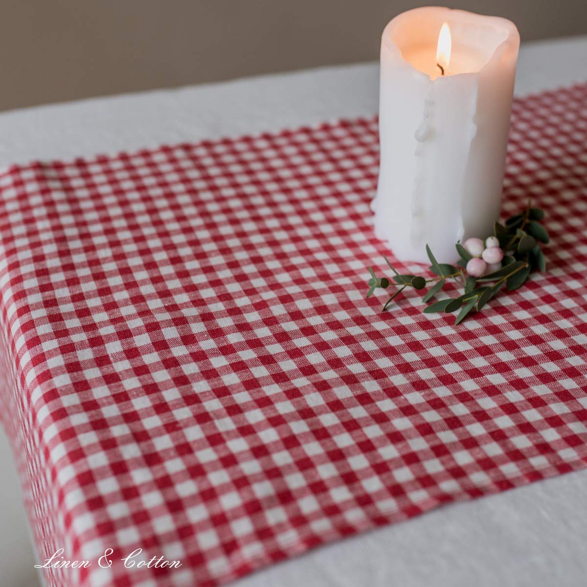 Linen & Cotton Tischläufer Estella - 100% Leinen, Weiß Rot, 40 x 300 | Stoff Tischdekoration Tischwäsche, Kariert Läufer Tisch Esstisch für Küche Haus Landhaus Festival Event Frühling Ostern