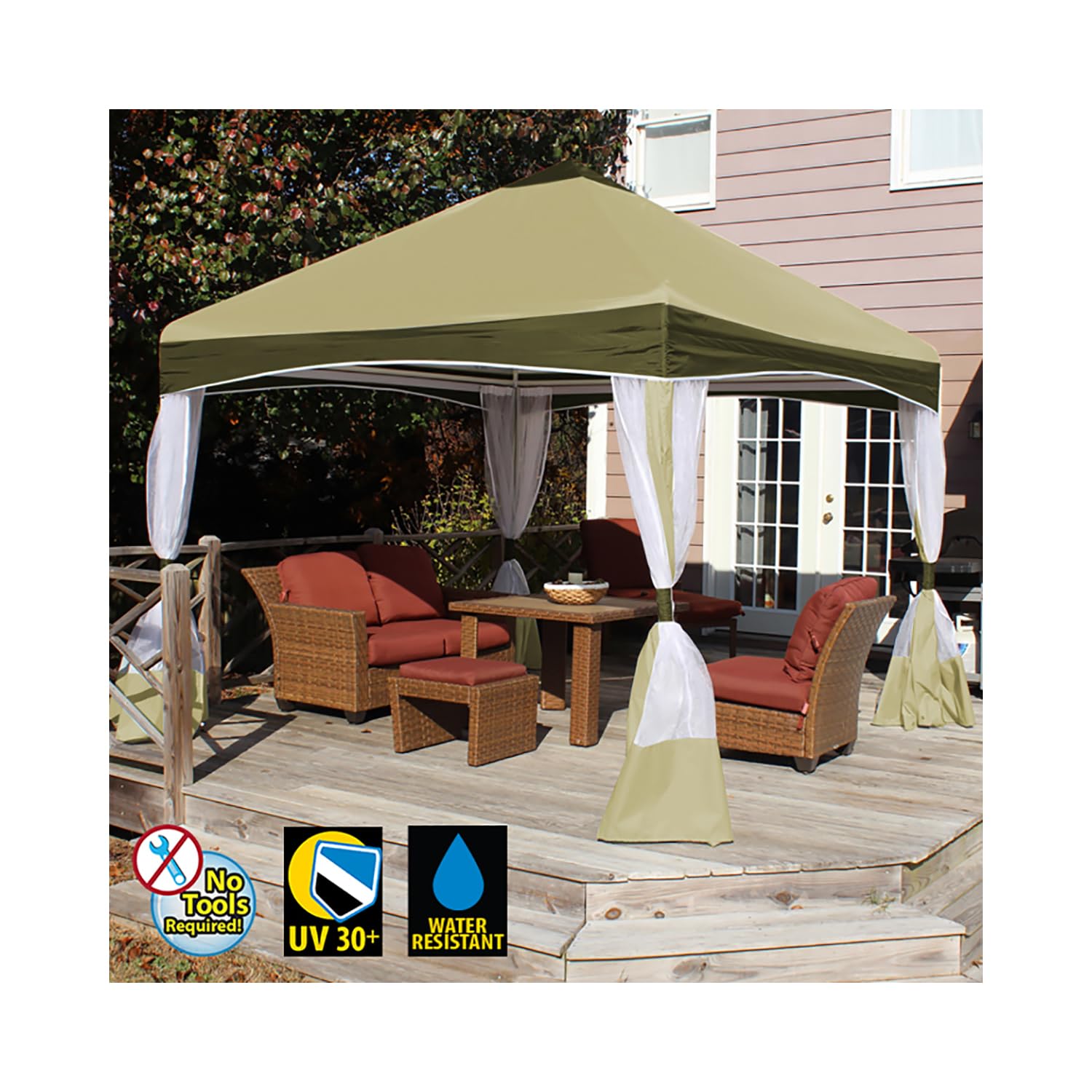 King Canopy Garden Party Backyard Gazebo 10-Feet by 10-Feet, 4-Leg, 300d Polyester Cover w/Sides, Patios, Decks, Party, Entertaining, Olive Branch, GP1010OB