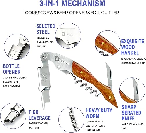 Miniatura 7 de Juego de sacacorchos de camarero profesional 7 en 1, contiene abridor de botellas de acero inoxidable con cortador de aluminio, boquilla de vertido,