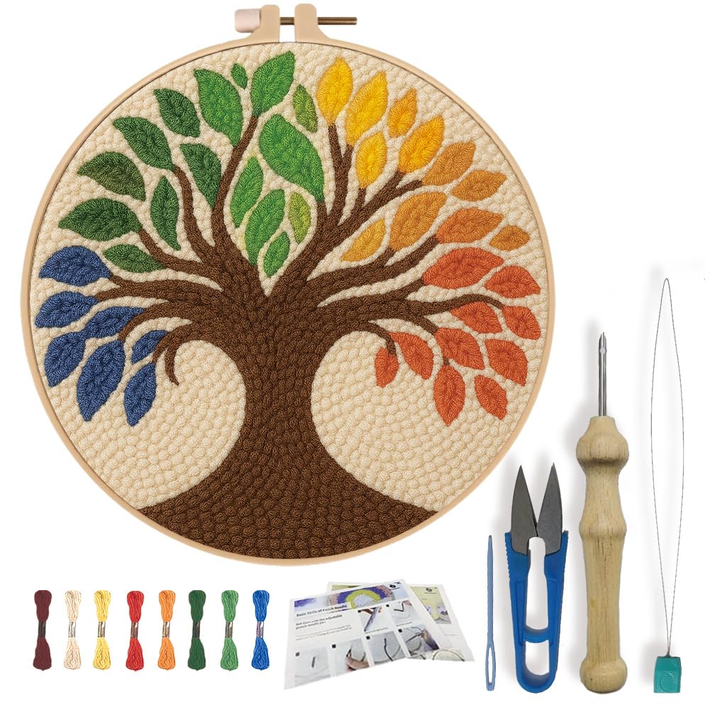 FREEBLOSS Tree of Life Punch Needle Kit for Beginners Embroidery Punch Needle Starter Craft Set with Instructions Embroidery Hoop for Adults Gift Decoration, 7.9"