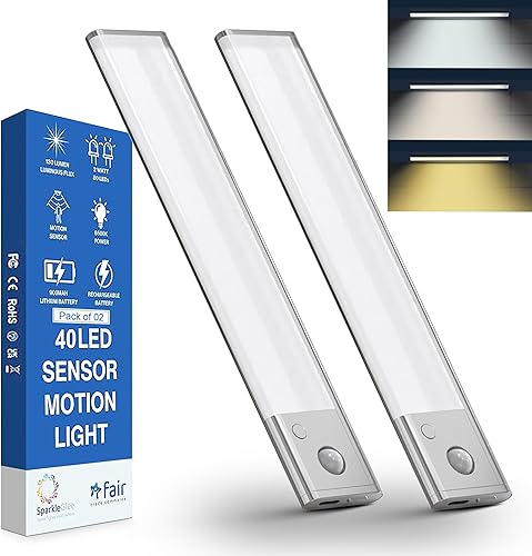 40 luces LED para debajo del gabinete, paquete de 2 luces con sensor de movimiento de 9 pulgadas, 3 temperaturas de color, funciona con pilas