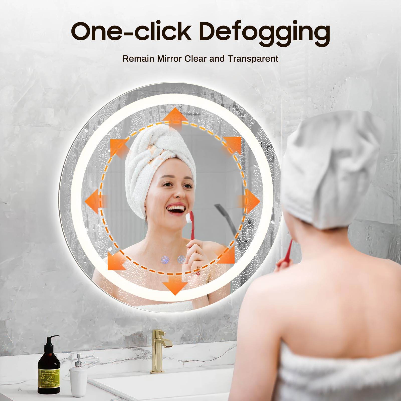 OLKKEFT Round LED Bathroom Mirror with Lights, 20x20 Inch, Smart Makeup Mirror, 3 Adjustable Color Lights, IP44, Anti-Fog, Memory Function, Wall Mounted Vanity Mirror
