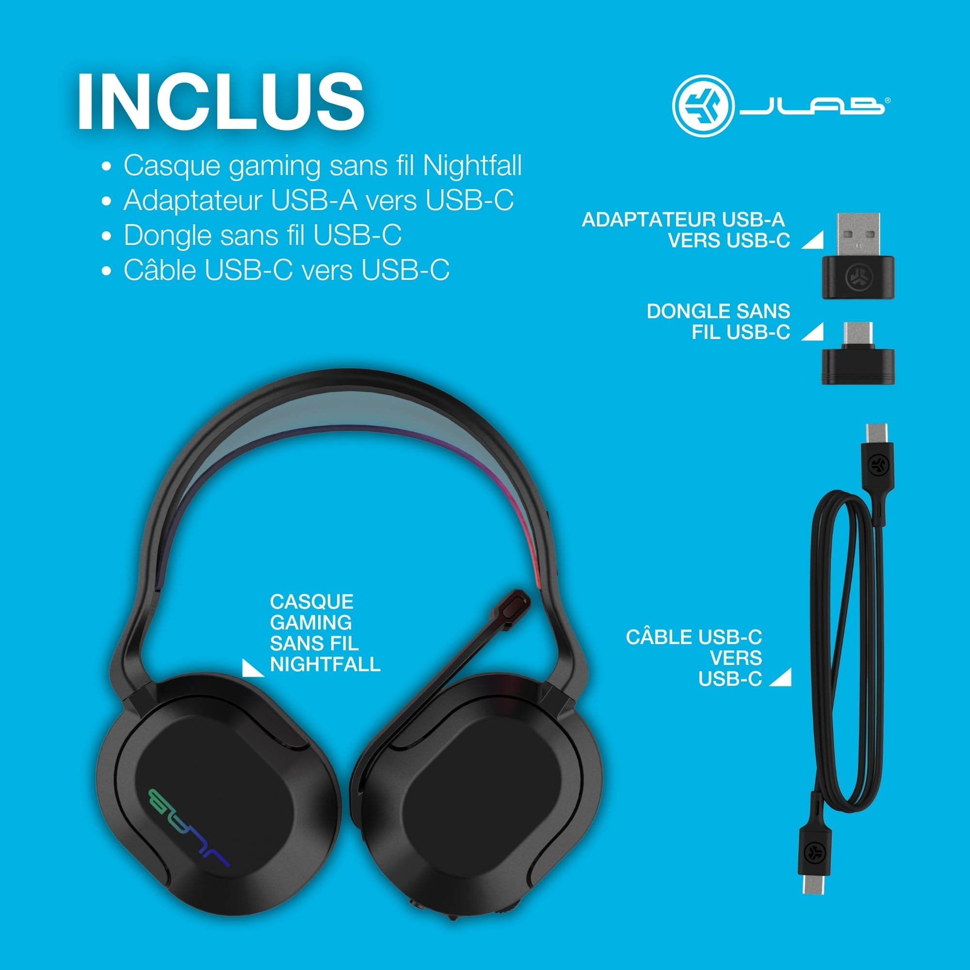 JLab Nightfall Casque de Jeu sans Fil Over-Ear avec Microphone - Bluetooth | Casque Gaming pour PC/Playstation/Nintendo Switch, Haut-parleurs 50 mm, Coussinets Mousse Cloud, Isolation
