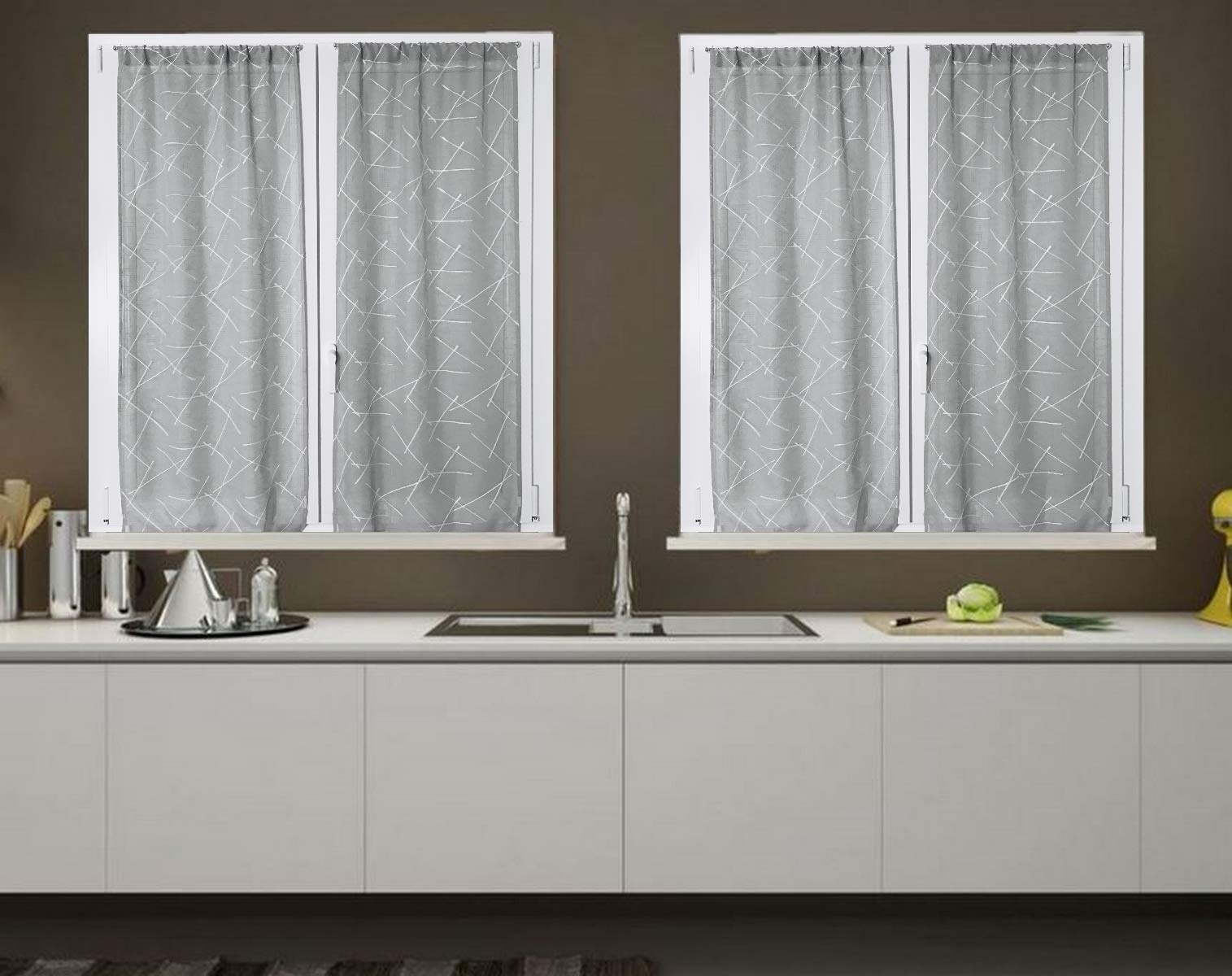 TENDINE RICAMATE PER FINESTRA E PORTA - COPPIA 2 PEZZI - TESSUTO BIANCO CON RICAMO GRIGIO - LARGHEZZA 45-65-90 CM - ART. EMMA