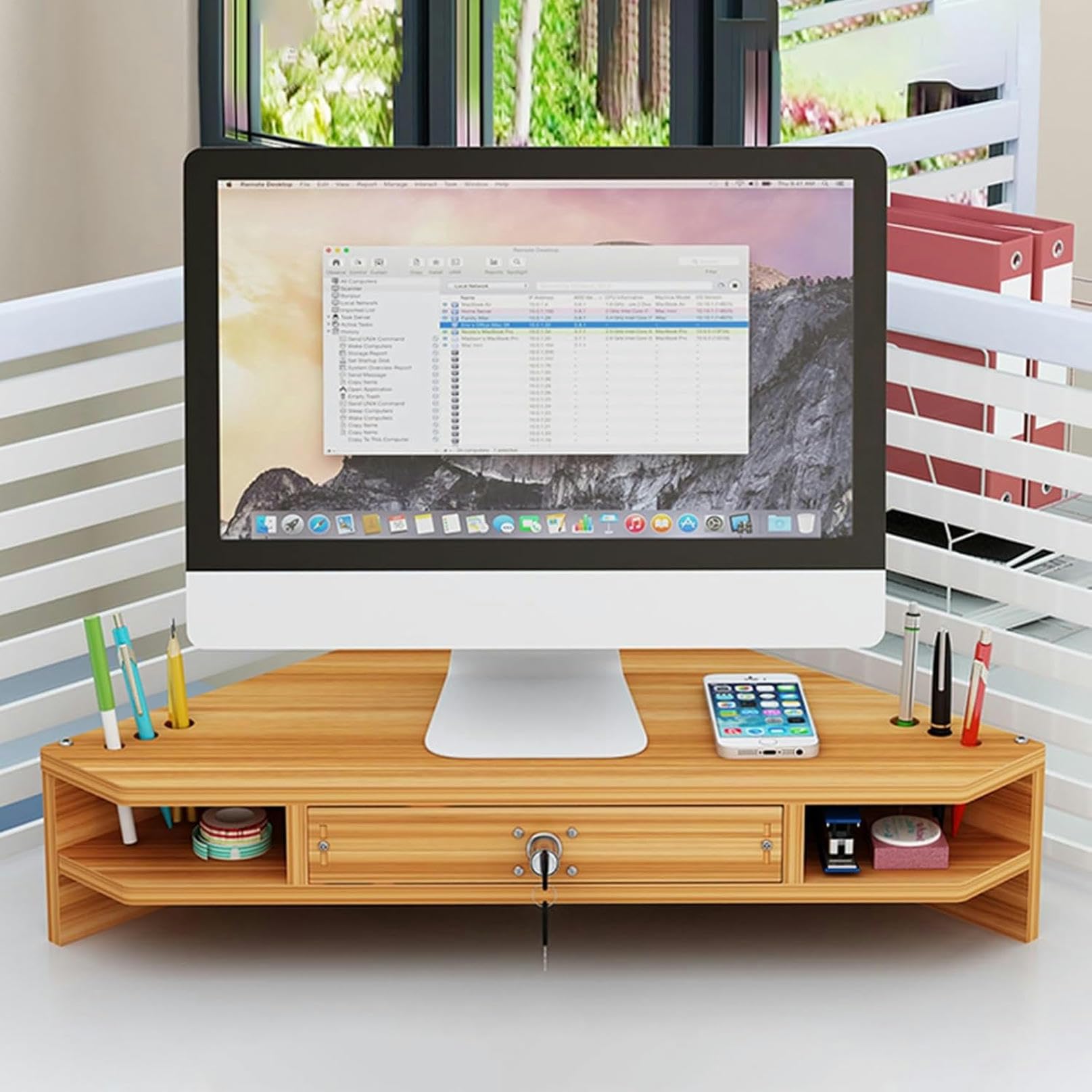 Supporto per Monitor da scrivania ad Angolo, Supporto for PC angolare in Legno a 2 Livelli, con cassetto e portapenne, Organizer da scrivania(Brown)