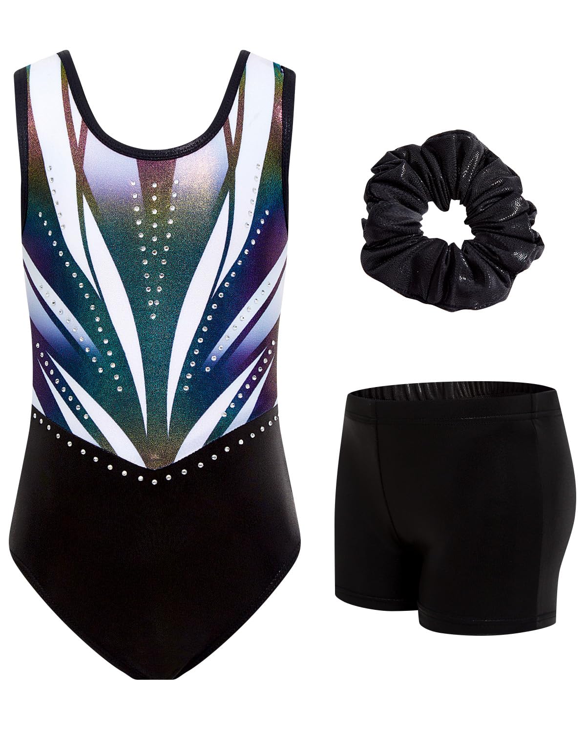 Gogokids Turnpakje voor meisjes, driedelig, zonder mouwen, met shorts en haarband, kinderen, glitter gymnastiekoutfits met strass accenten en crossback-design, sprankelende ballet unitards voor
