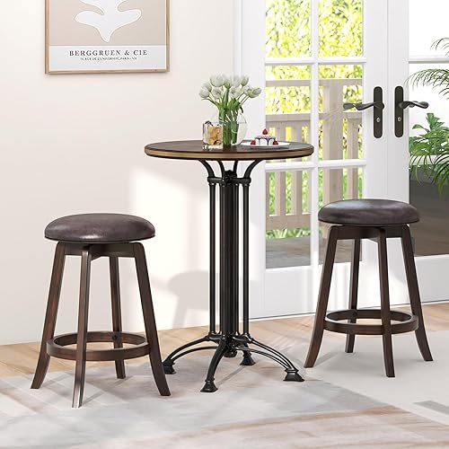 Miniatura 2 de COSTWAY Juego de 4 taburetes de bar giratorios de 24 pulgadas, taburetes de bar tapizados con asiento de piel sintética y patas de madera de goma