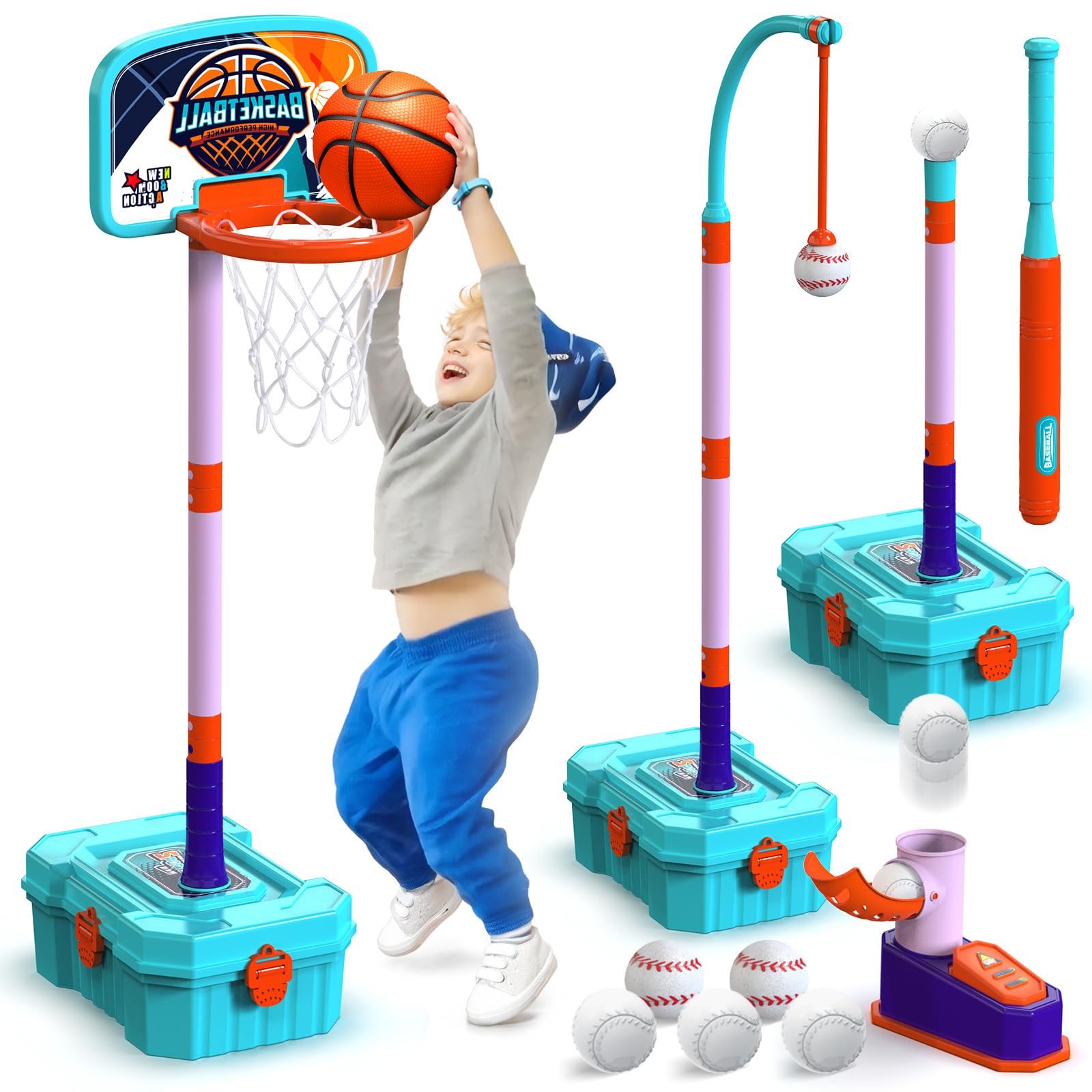 Bitbeebin Kids Basketball Hoop and T-Ball Set for Kids 3-5, 3 Adjustable Toddler Basketball Hoop Indoor Outdoor Kids Toys Birthday Gift for Boys Girls