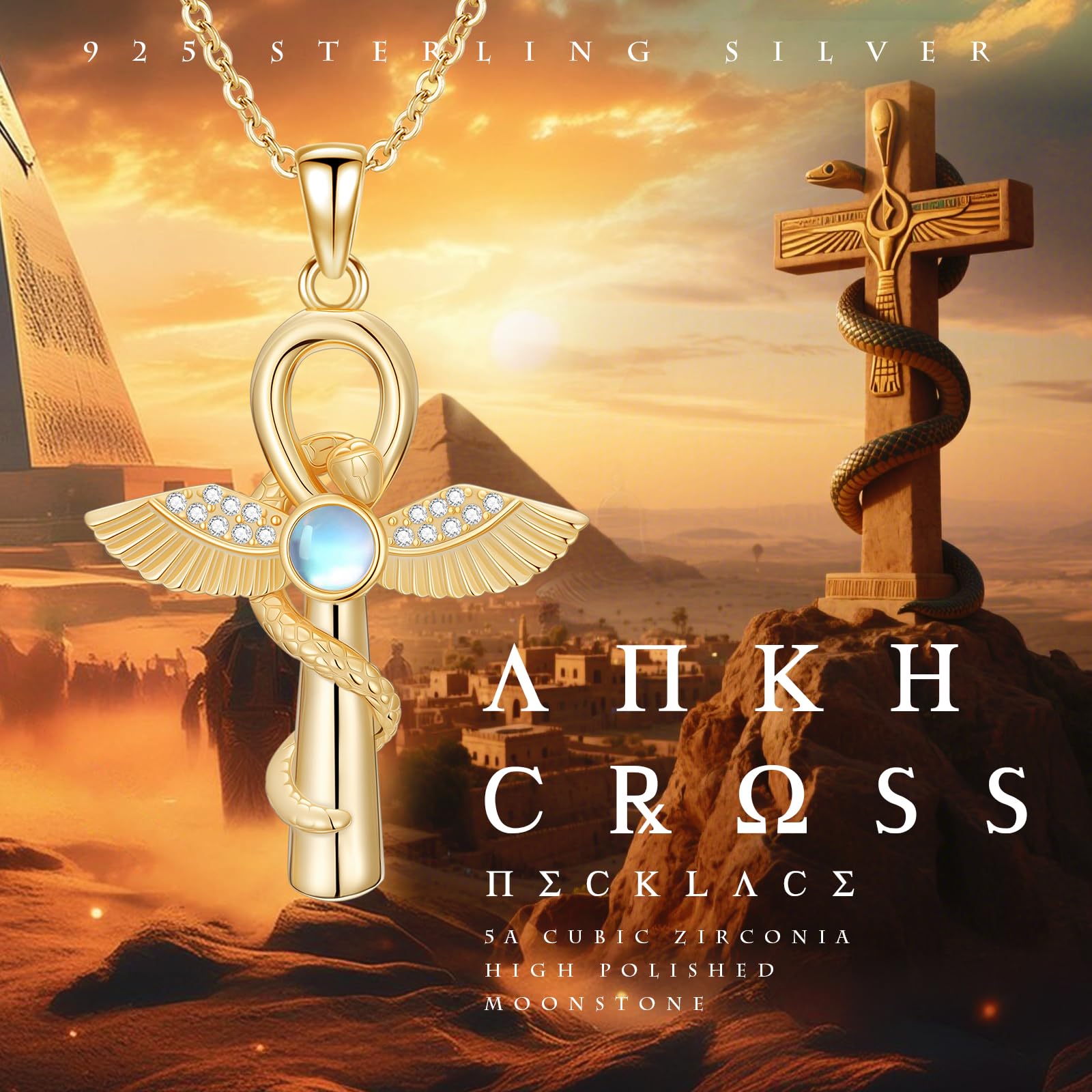 Collier Ankh en argent sterling 925 avec pendentif croix serpent Ankh avec pierre de lune - Bijoux égyptiens - Cadeau pour femme