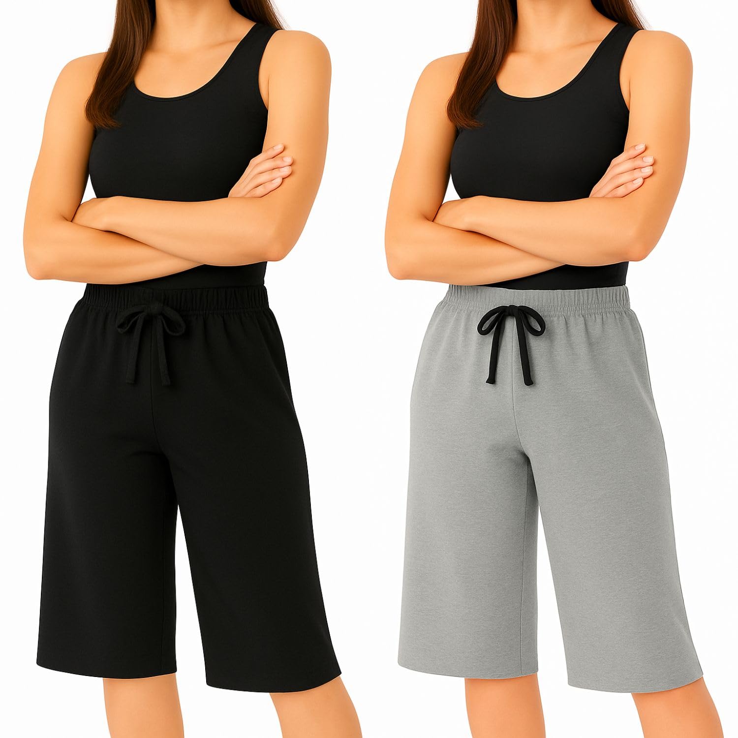 Women's Cotton Plain Capri Pants, Loosefit Yoga Pants 2Pack (BG)-image-49