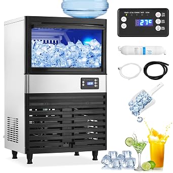 Commercial Ice Maker Machine, 150lbs/24H Under Counter Ice Maker Machine Stainless Steel with 27lbs Ice Storage Bin, Freestanding Ice Maker for Restaurant Bar Home Office Cafe, 2 Water Inlet Modes