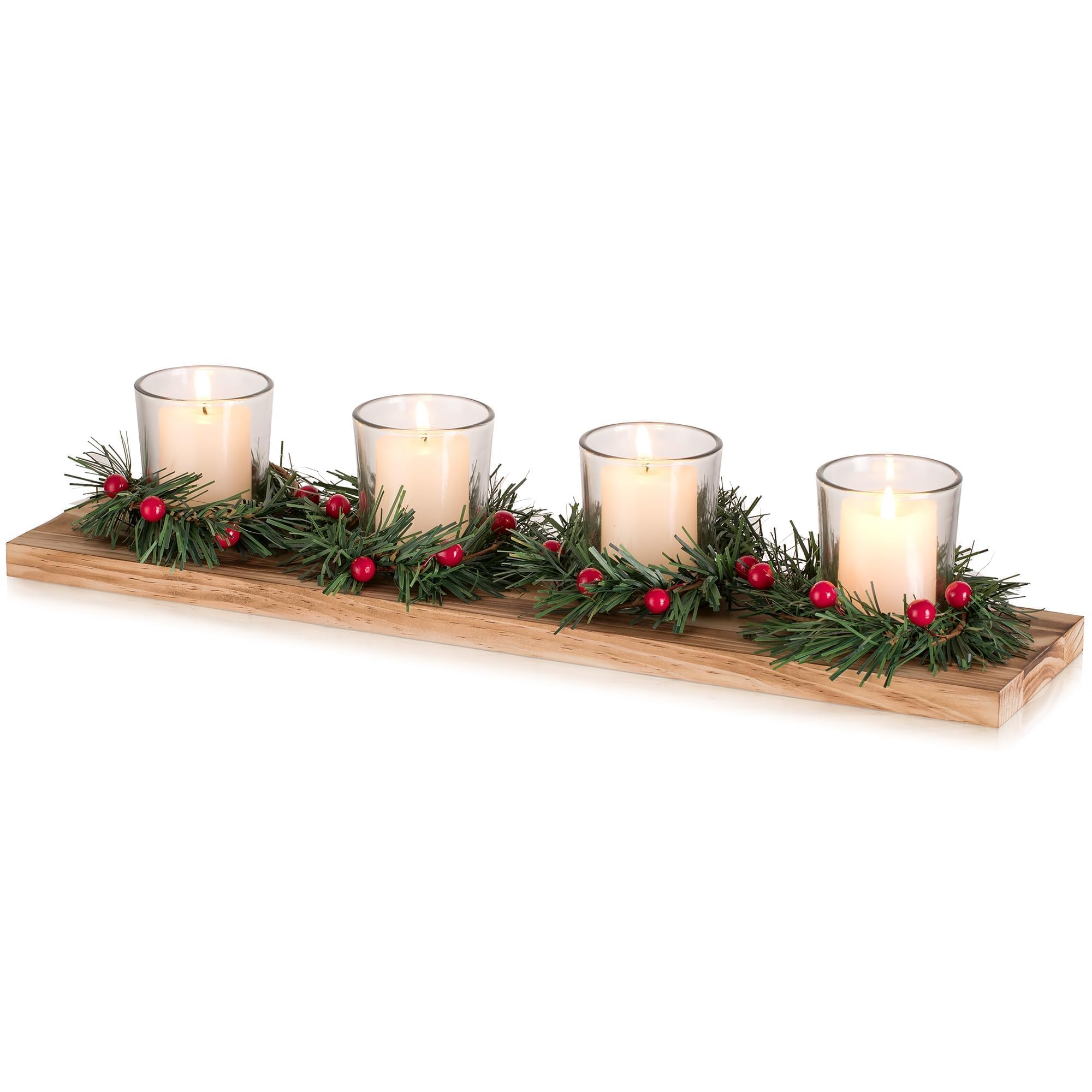 Romadedi - Portavelas de Navidad para decoración de centro de mesa: 42 cm, rústico, cuatro portavelas con mini coronas de Navidad, bandeja de madera para Navidad, cena de invierno, decoración del