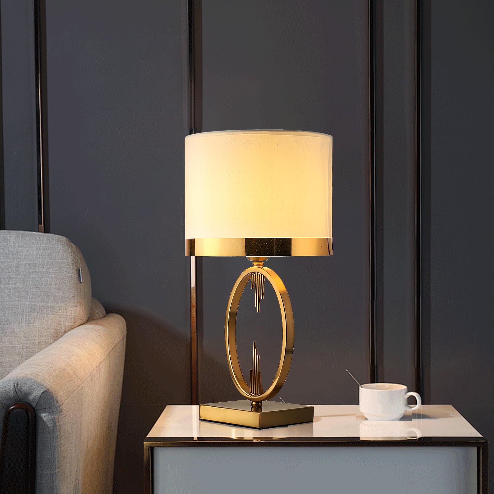 Lampada Da Tavolo Oro, Lampade Da Comodino Di Luce Moderna Per Il Soggiorno,Camera Da Letto Lampada Da Tavolo In Tessuto Bianco Base In Metallo E27 Lampada Da Letto, 49 X 25 Cm