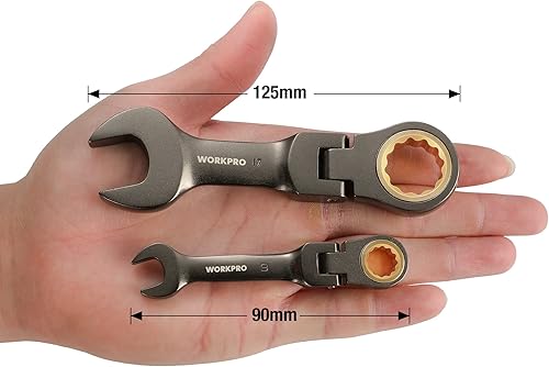 Miniatura 7 de WORKPRO Juego de llaves combinadas de trinquete de cabeza flexible de 16 piezas, SAE 5/16-3/4 pulgadas y métricas 0.354-0.669 in, 72 dientes, CRV,