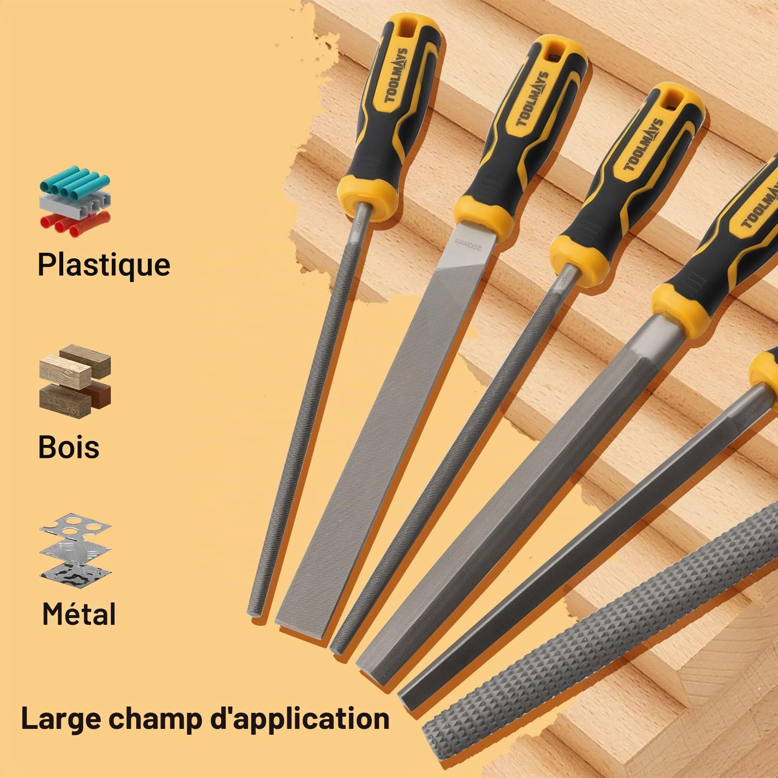Lime Metal et Lime Bois 6pcs, Limes Plate/Ronde/Demi-ronde/Triangulaire/Carrée, Rape Bois avec Poignées Caoutchouc Antidérapantes et Sac de Rangement Portable pour Bois, Métal