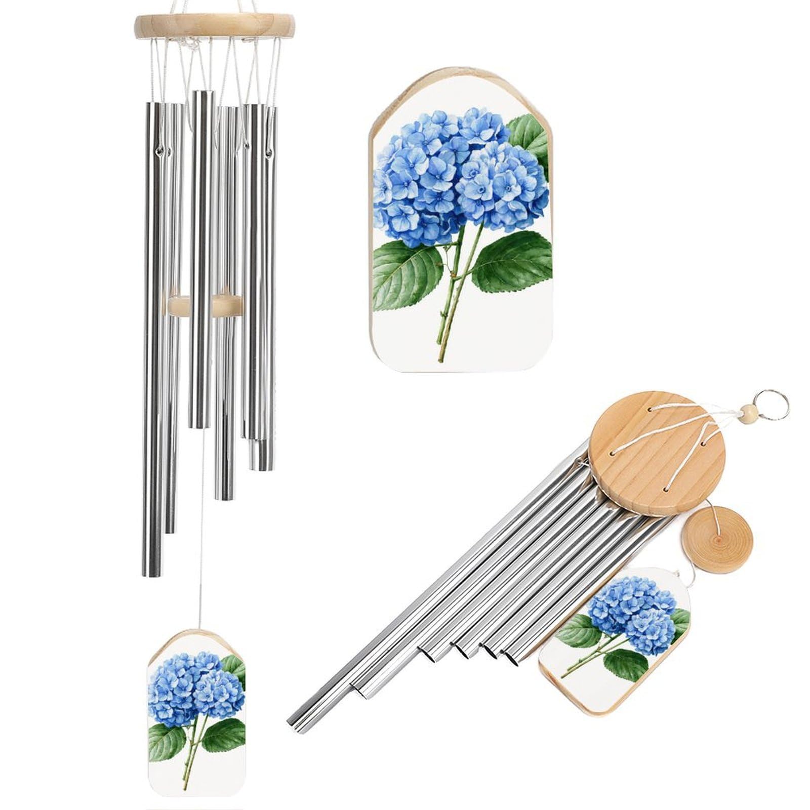 Thydrangea Flower Clusters And Leaves Wind Chimes Memorial Deep Tone Windchime with 6 Aluminum Tubes Outdoor Backyard Garden Decoration