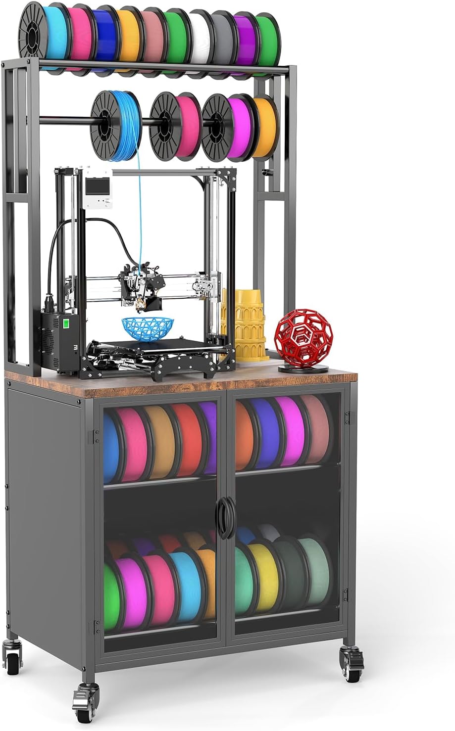 3D Printer Stand with Filament Storage, 29.5″ x 18.9″ Dustproof and Moisture-Proof Heavy Duty Large Rolling Cart with 360-Degree Wheels and Cabinet for Workshop, Studio, Office in Rustic Brown