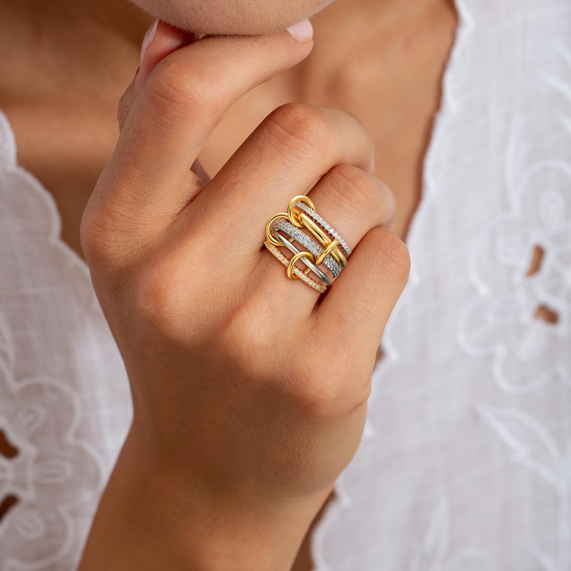 Gold Stackable Rings for Women, 14K Gold Plated Cubic Zirconia Rings, Silver Gold Multi Ring Mixed Metals Stackable Ring Set for Women Non Tarnish