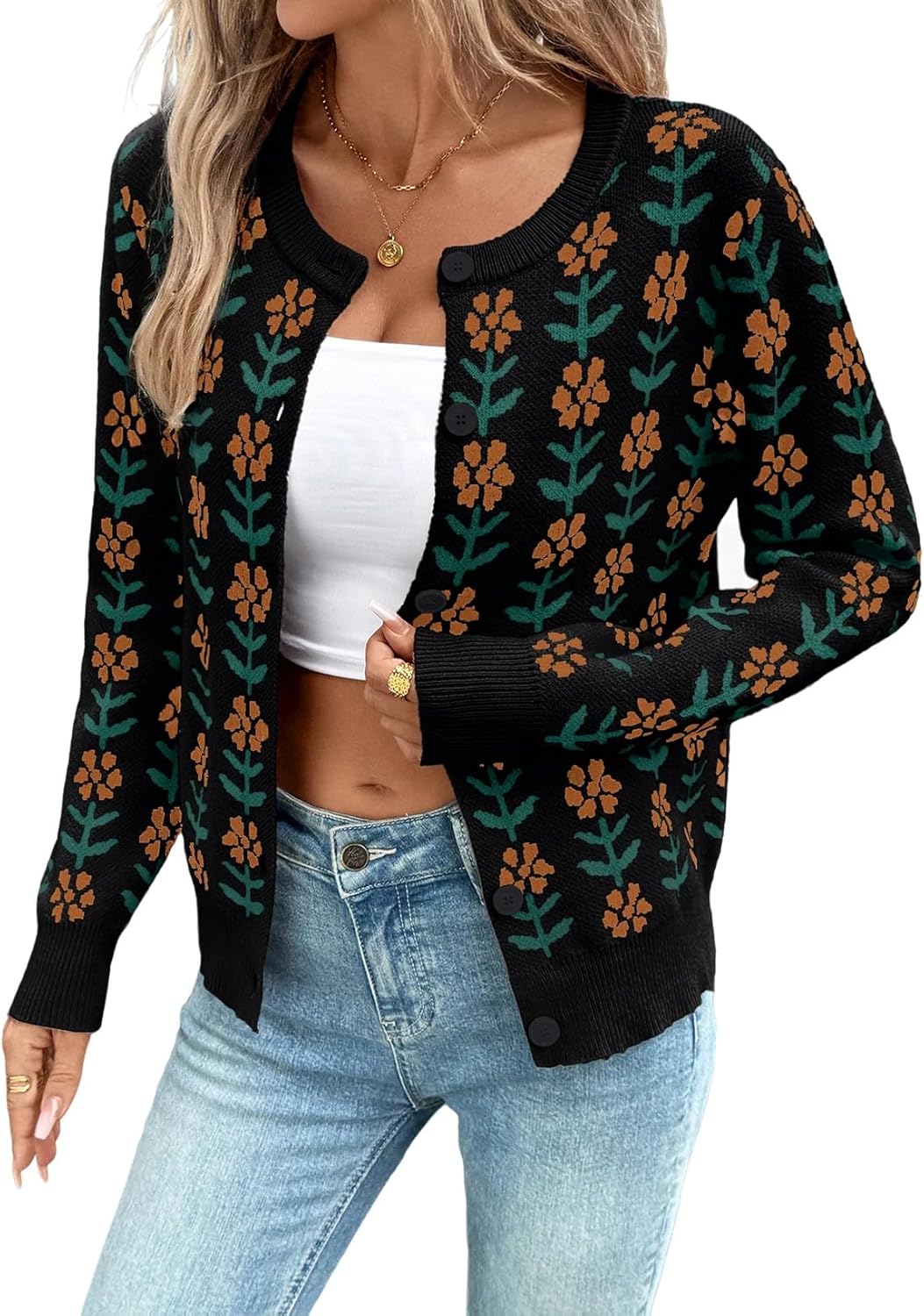 Sidefeel Women's Button Down Cardigan Sweater Long Sleeve Cute Floral Printed Cropped Sweater Coats