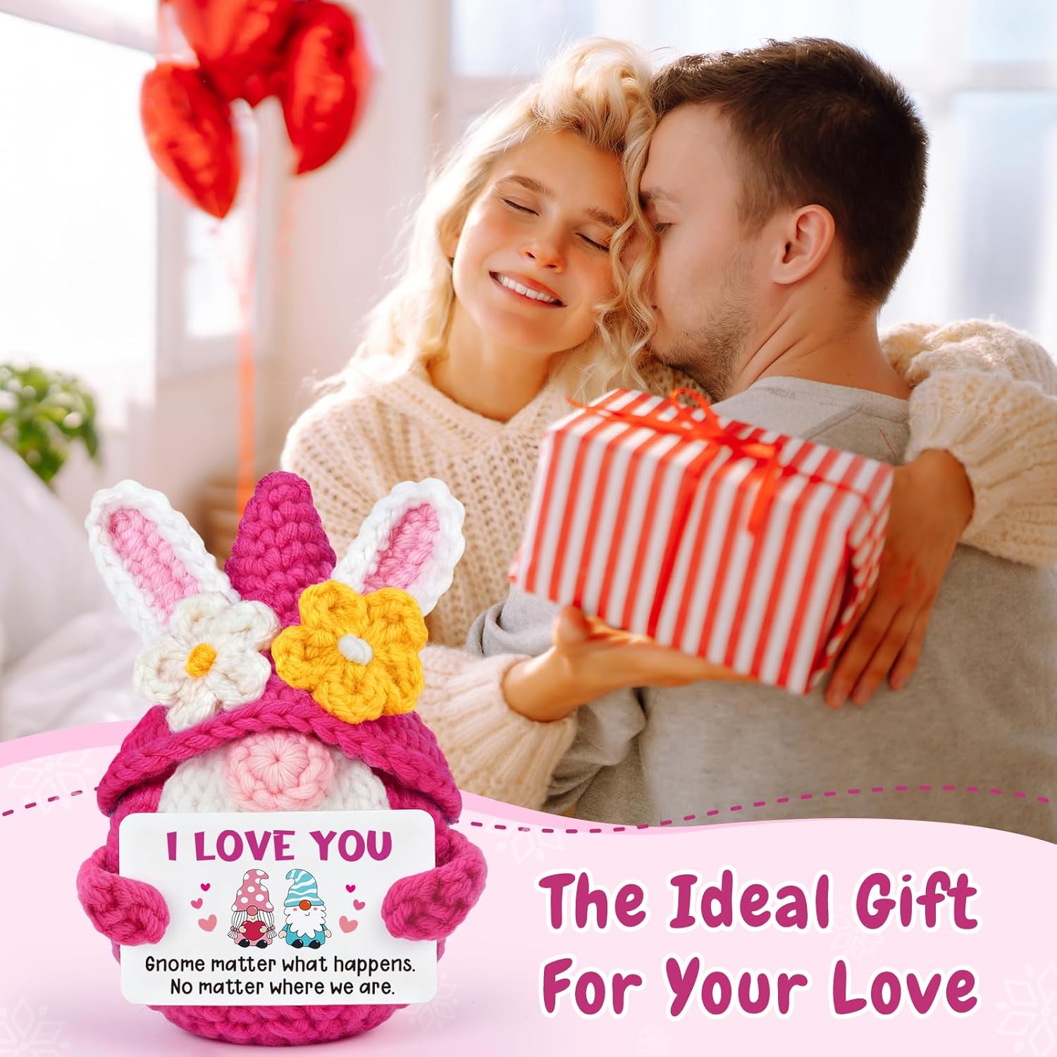 Valentines Day I Love You Gifts for Her Him Boyfriend Girlfriend Birthday, Romantic Long Distance Relationship Anniversary Love Valentines Gift for Couples Wife Husband - Handmade Crochet Gnome - Image 2