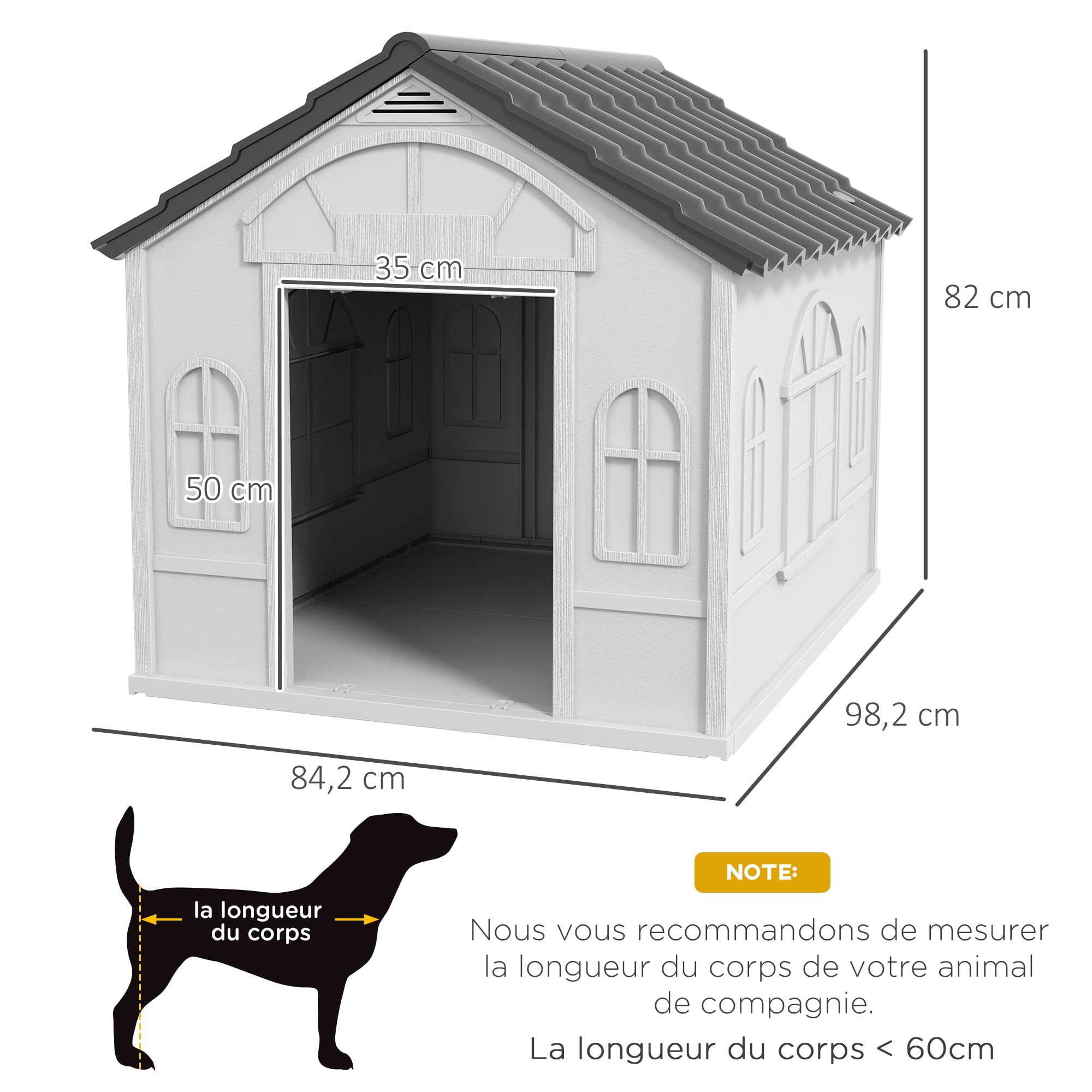 PawHut Außen-Hundehaus für große Hunde 84.2x98.2x82cm Grau | Wasserdichtes PP, Schrägdach, offene Vordertür, obere Lüftungsöffnung.