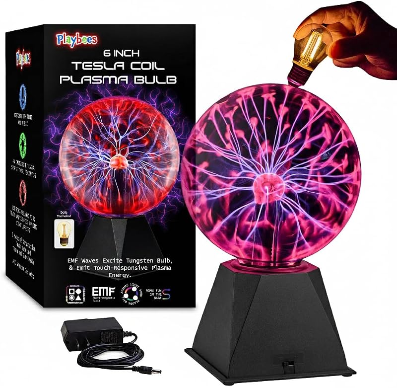 Playbees Red 6 Inch Plasma Ball, Tesla Coil Static Electricity Globe, Nebula Lightning Effect, Glass Vacuum Sphere for Party Decor, STEM