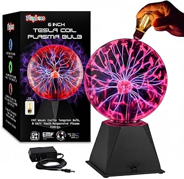 Playbees Red 6 Inch Plasma Ball, Tesla Coil Static Electricity Globe, Nebula Lightning Effect, Glass Vacuum Sphere for Party Decor, STEM