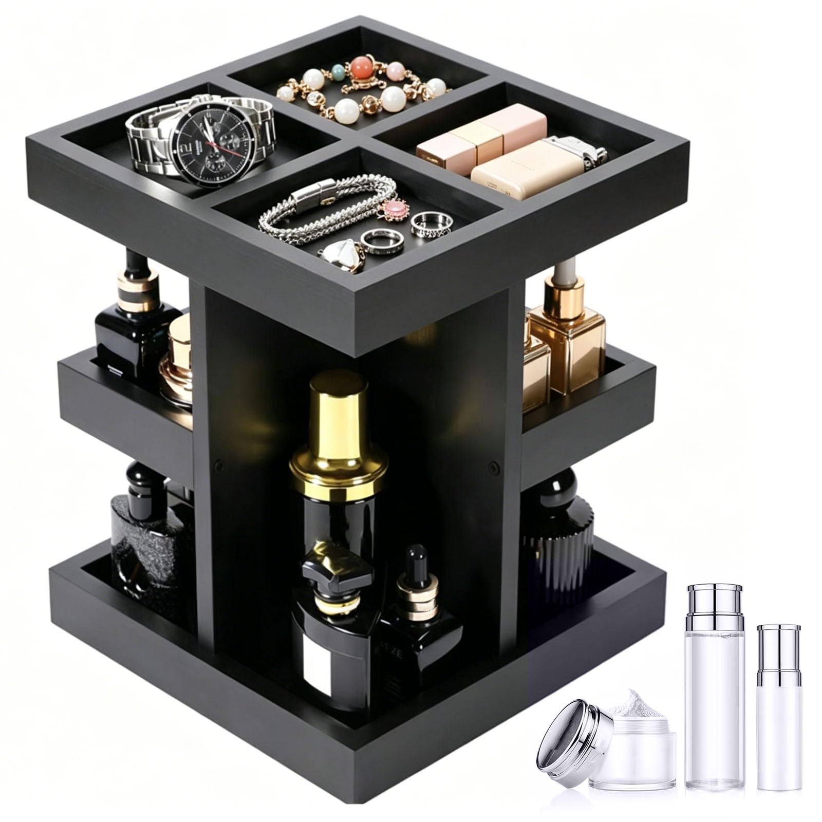 Obrotowy Drewniany Stojak Na Perfumy 360°, 3-Poziomowy Kwadratowy Organizer Na Perfumy Z 9 Przegródkami, Obrotowy Uchwyt Do Przechowywania Po Goleniu, Olejku Do Brody, Balsamu Do Golenia, Dekoracja