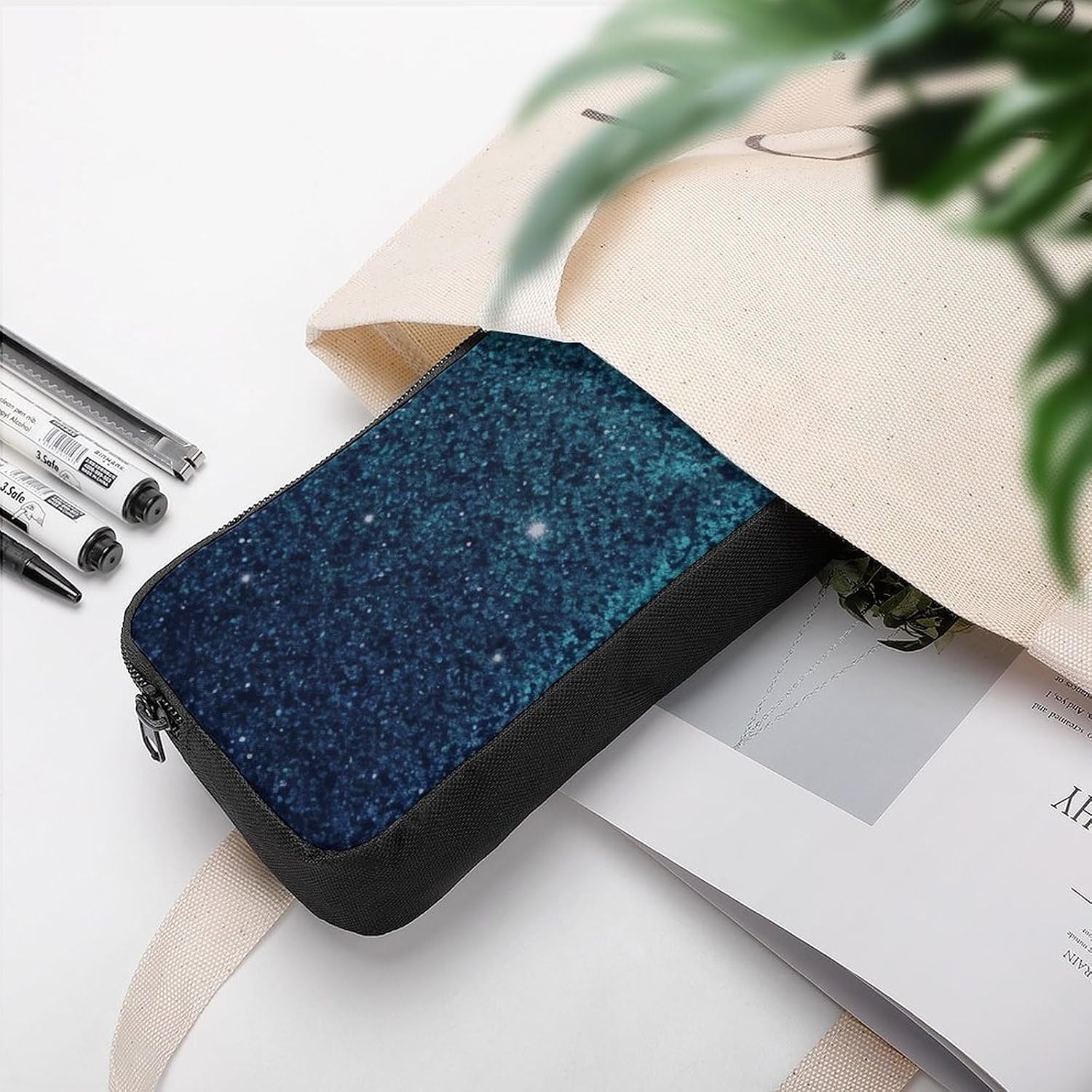 Teal Glitter Large Pencil Case, Pencil Pouch with Zipper image 5