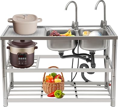 2 Compartment Commercial Kitchen Sink Restaurant Sinks, Stainless Steel Free Standing Utility Prep Sink Dual Bowl with Complete Kit, for Restaurant/Kitchen