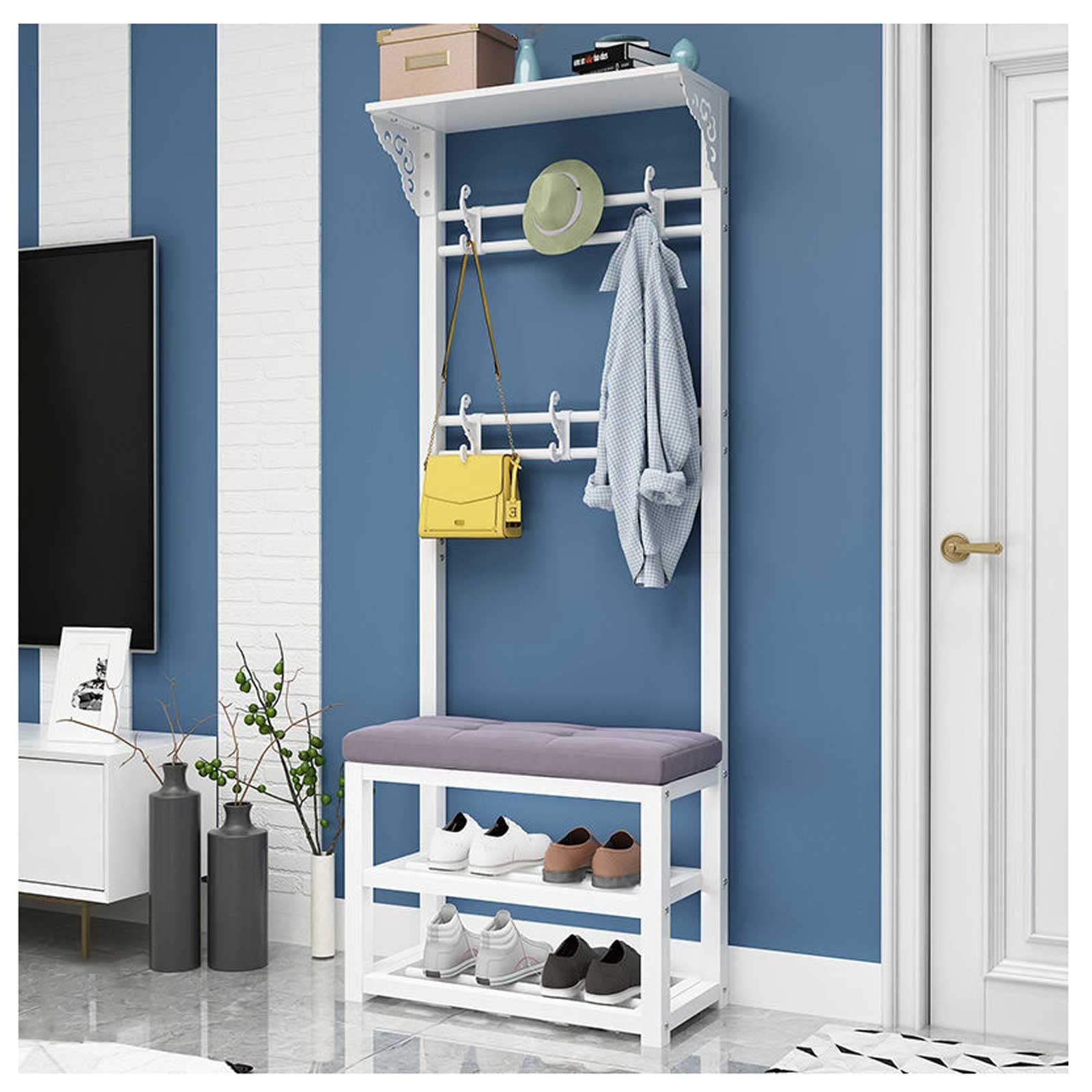 Tabouret à langer avec porte-manteau sur pied et meuble à chaussures