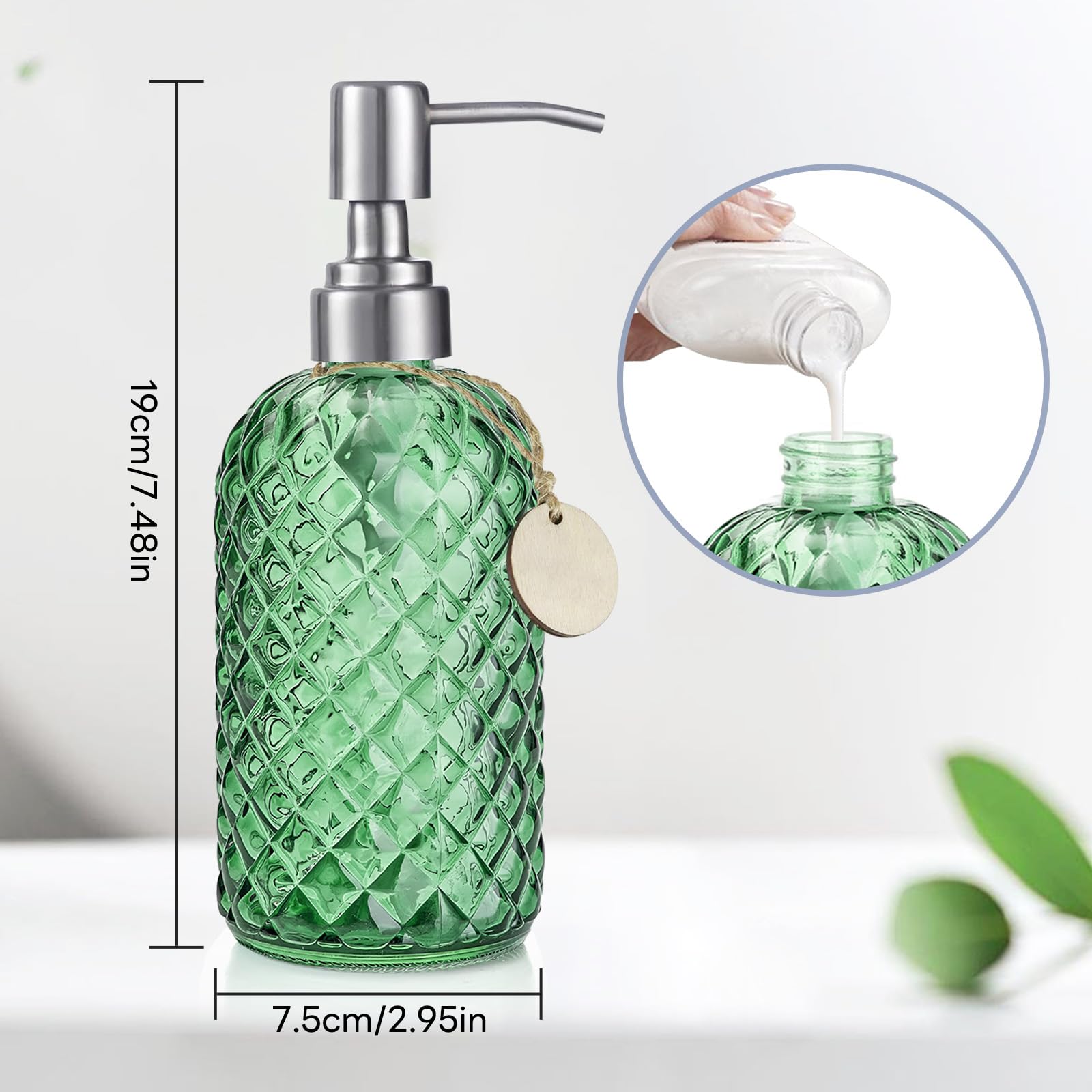 Topsky Glass Soap Dispenser with Siliver Metal Pump, 400ml Liquid Hand Soap Dispenser, Rustproof Pump for Kitchen & Bathroom - Image 2