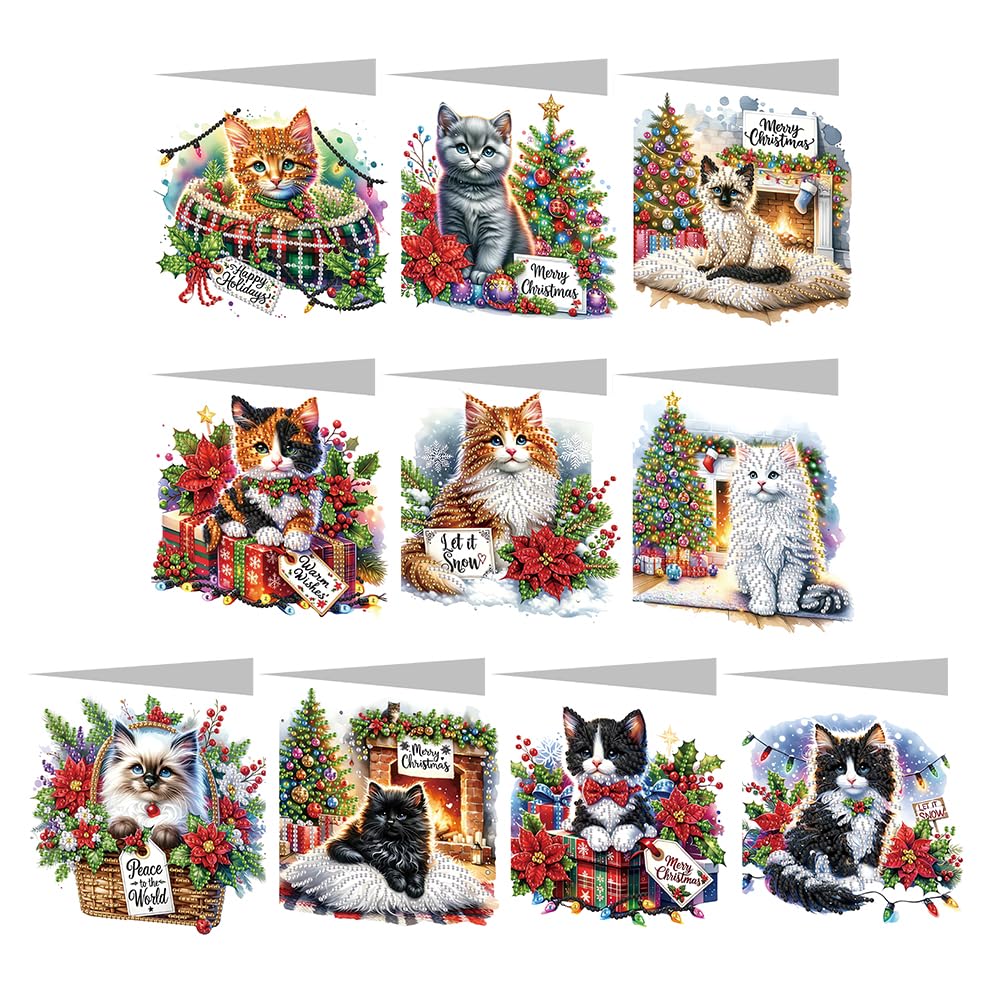 10 Pcs 5D DIY Christmas Diamond Painting Greeting Cards, Christmas Elements Diamond Art Cards, Round Drill Crystal Craft Card, Rhinestone Painting Card Kit for Family Friend Handmade Gift-01