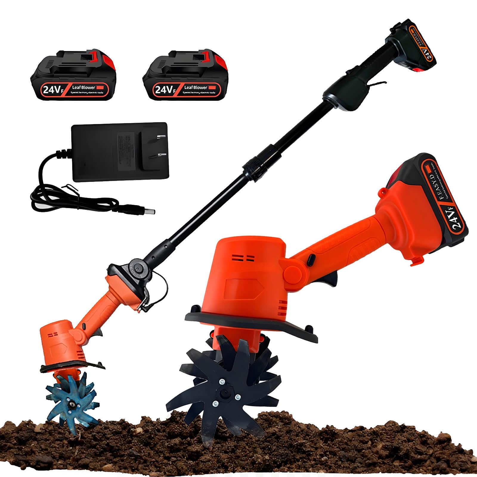 Cordless Garden Rotavator, 24V Electric Mini Tiller Cultivator with 2×1.5Ah Batteries