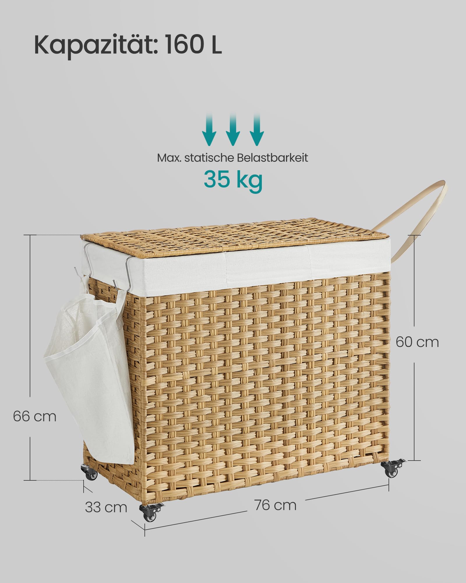 SONGMICS Wäschekorb mit Deckel, 160 L, Wäschesammler 3 Fächer, Wäschesortierer mit Rollen, in Rattan-Optik, Wäschesack herausnehmbar, für Waschküche, 76 x 33 x 66 cm, naturfarben LCB365N01