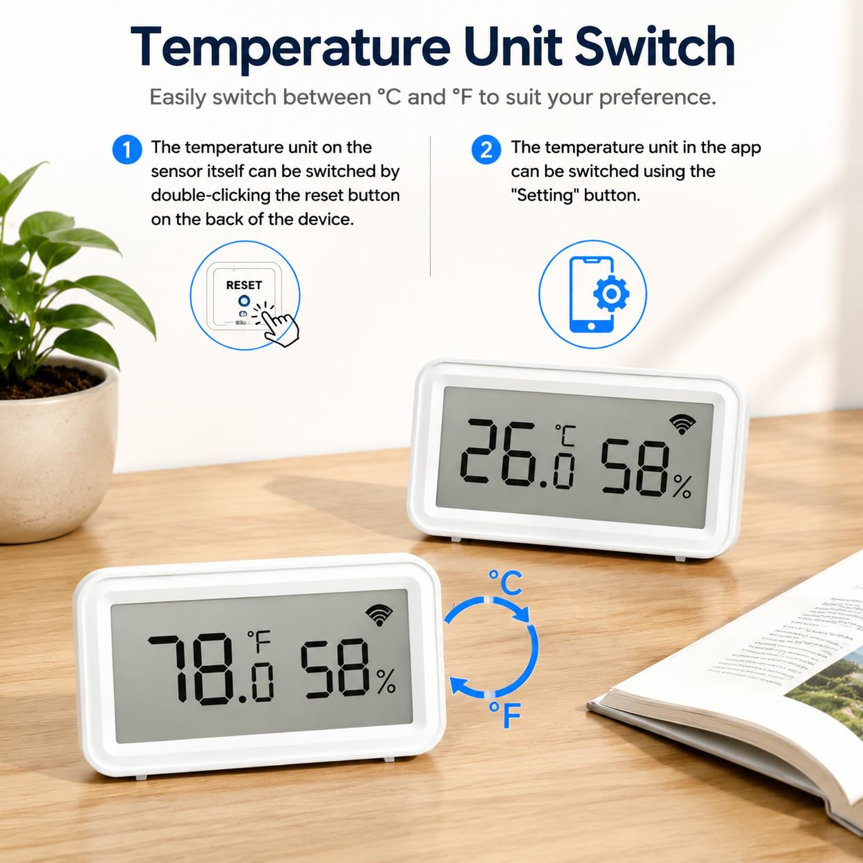 Sensore di temperatura e umidità WLAN: termometro igrometro wireless con display LCD, notifica app, memorizzazione dati ed esportazione, calibrabile, monitoraggio digitale per la casa, 4 pezzi