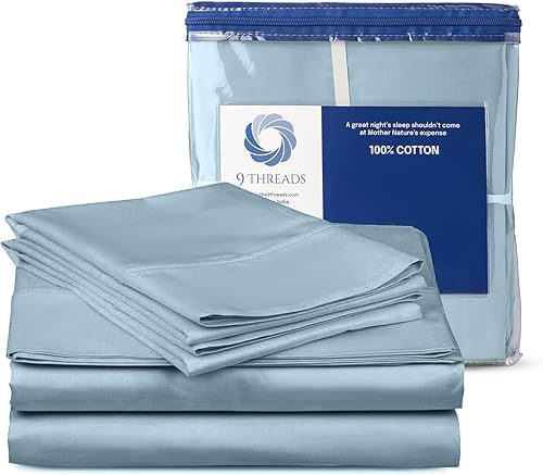 Sábanas de satén 100 % algodón de 400 hilos, con bolsillo profundo, sábanas de algodón crujientes, frescas y fuertes (azul claro, matrimonial)