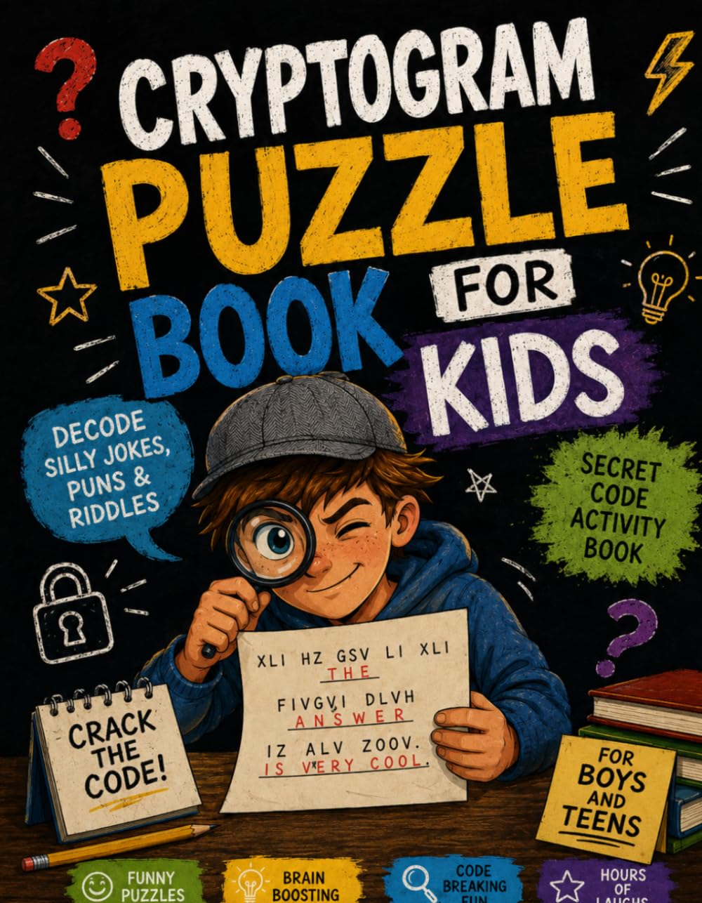 Cryptogram Puzzle Book for Kids Decode Silly Jokes, Puns & Riddles Secret Code Activity Book for Boys and Teens: Crack the Code to Reveal Hilarious ... Riddle Puzzles Fun Cryptogram Activity book