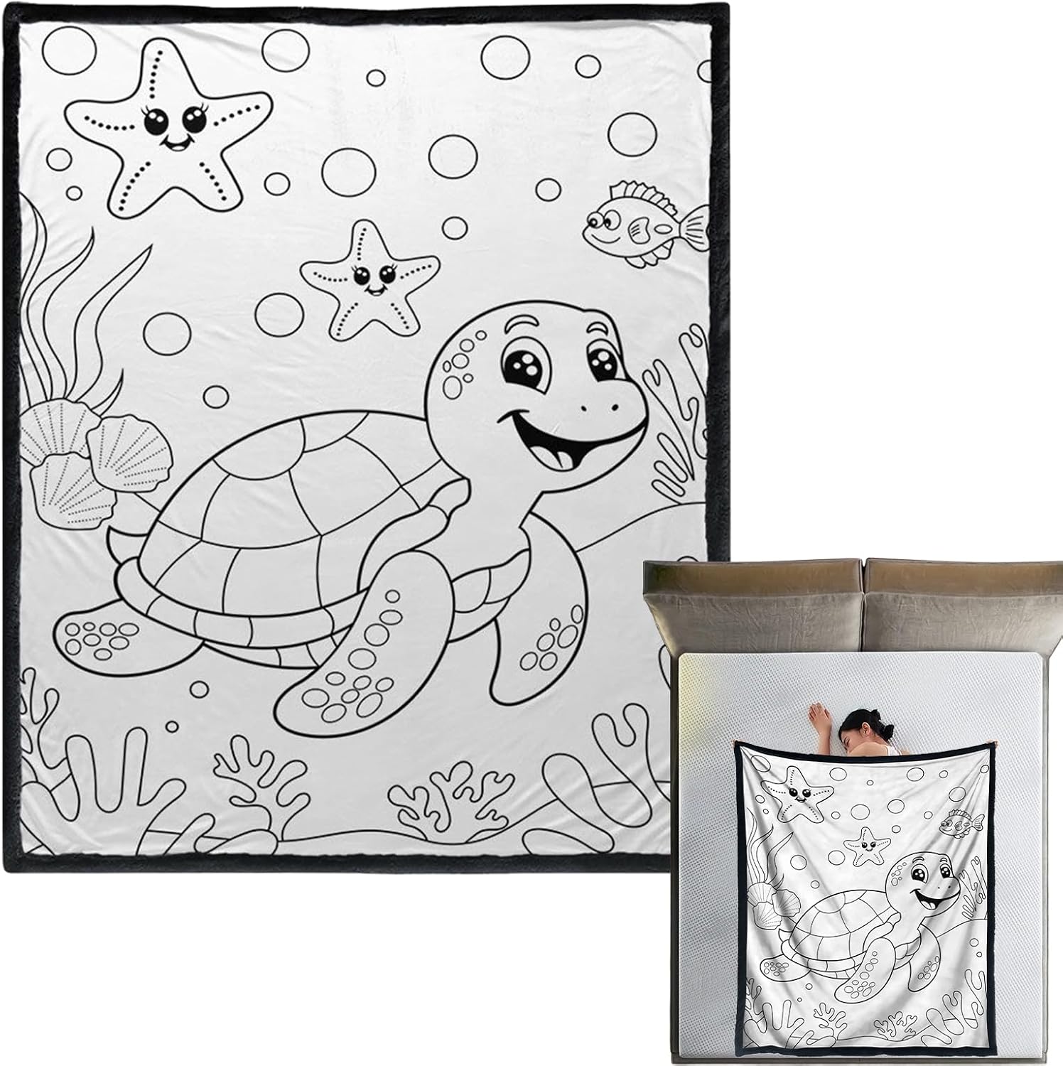 DIY Coloring Quilt, Sea Animal Blanket for Kids Adults Teens Washable Polyester Fabric Creative Blanket Funny for Couch Bed Room Travel Home Winter