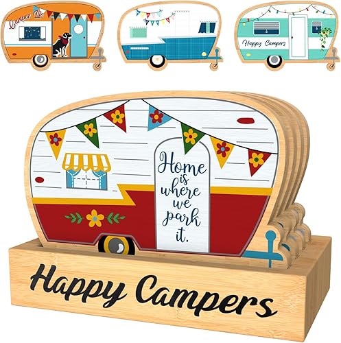 Juego de 4 posavasos de bambú Happy Camper con soporte, regalos de campamento para amantes de los campistas, mujeres y hombres, adecuados para tipos