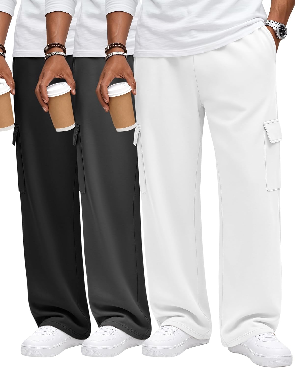 Neer 3 Pack Men's Cargo Sweatpants Wide Leg Pants | Open Bottom Baggy Sweatpants, Hiking Cargo Pants, Lightweight, Pockets, Elastic Waist, Athletic, Workout, Gym, Lounge Joggers
