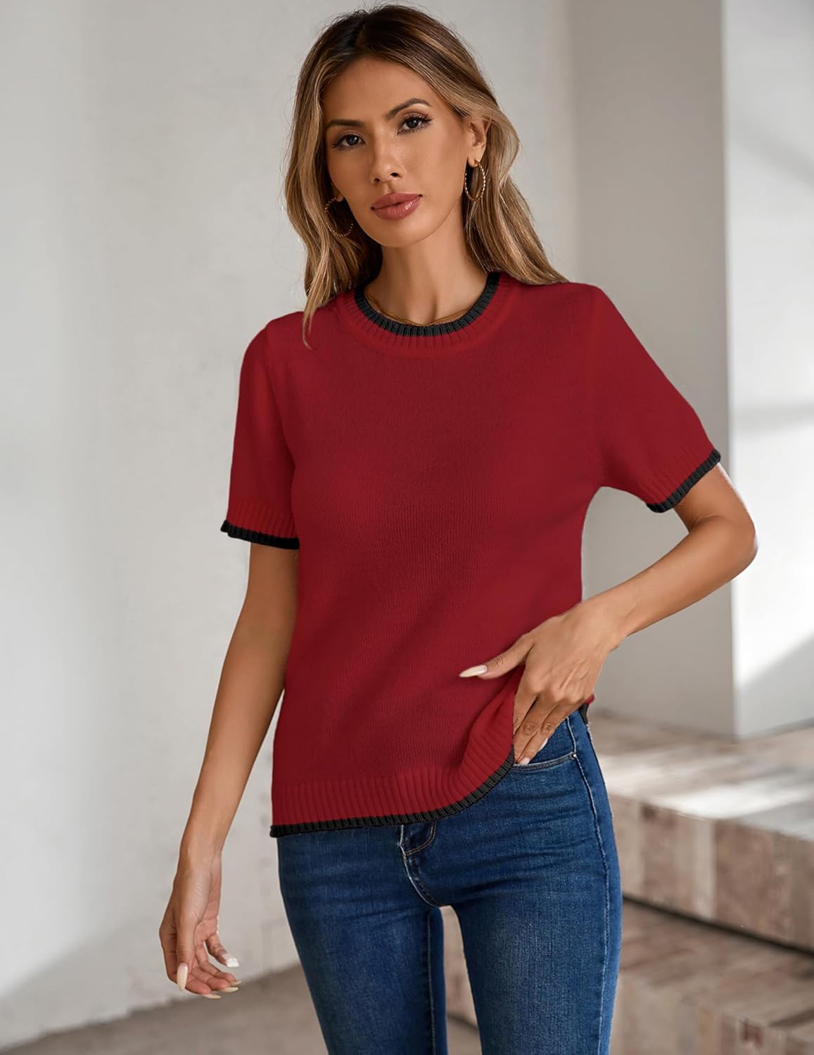 Womens Lightweight Cute Short Sleeve Sweater Spring 2025 Trendy Outfits Crewneck Thin Sheer Knit T-Shirt Tops - Image 6