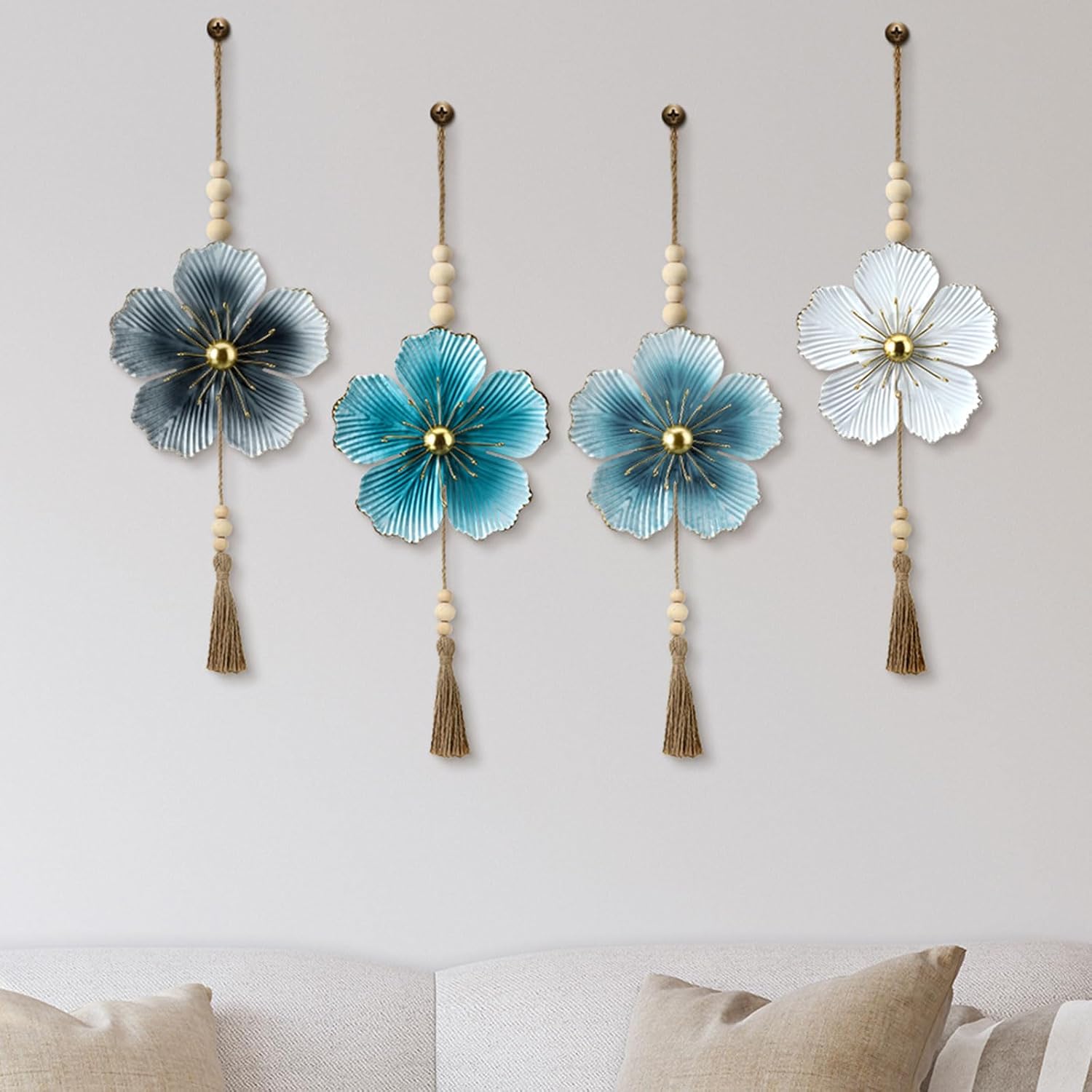 Tandefio 4 Pcs Metal Flower Wall Decor 7.9 x 22 Inch Large Metal Wall Art Decor Rustic Blue Floral Hanging Art for Living Room Home Bathroom Bedroom Indoor Outdoor(Classic)