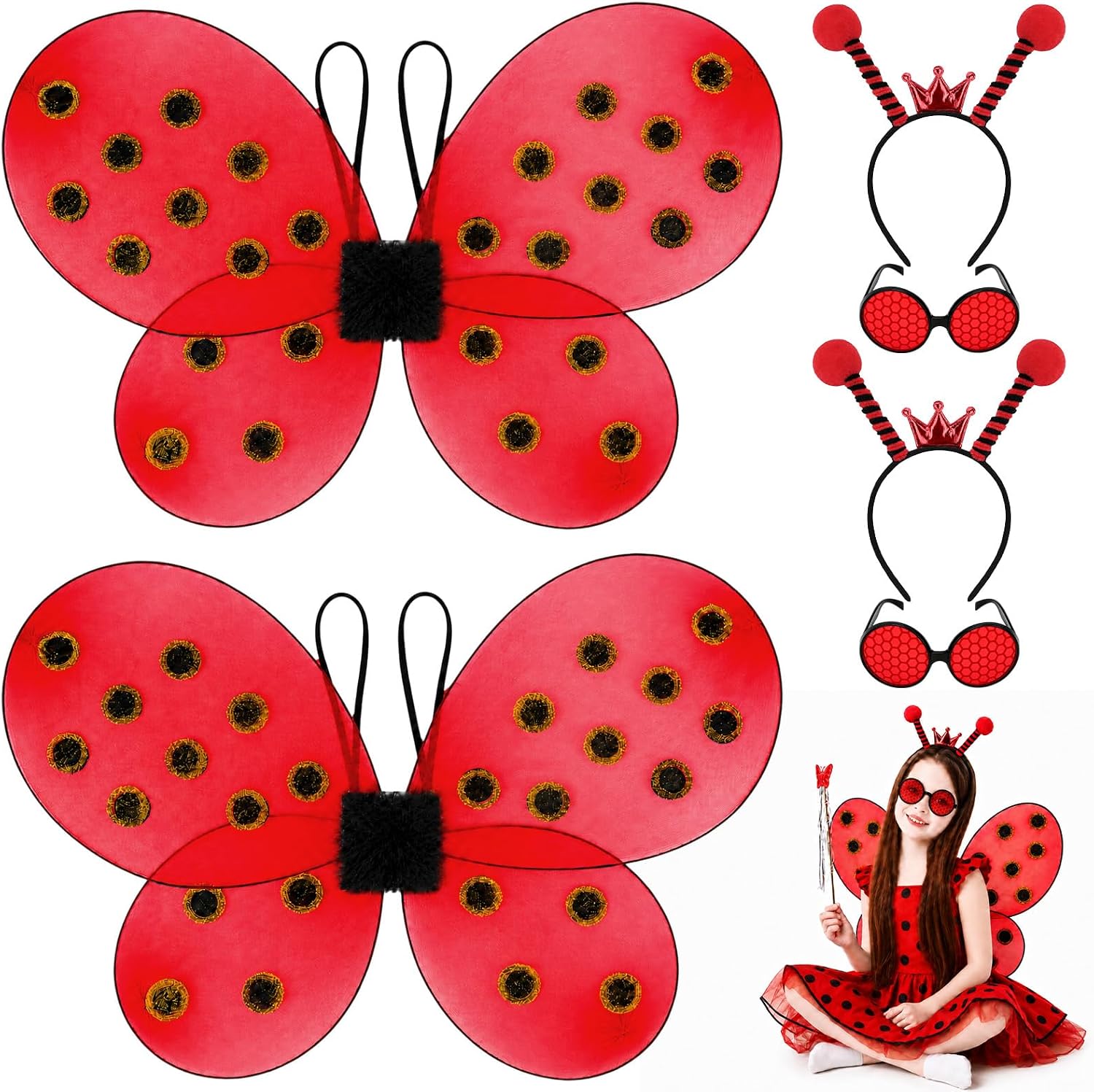Coopay 6 Pack Ladybug Headband & Wings & Glasses Set, Halloween Costume | Ladybug Headband, Wings, Glasses, Bug Costume Accessories, Halloween, Cosplay, Party, Favors, Red, Women, Men, Adult, Kids