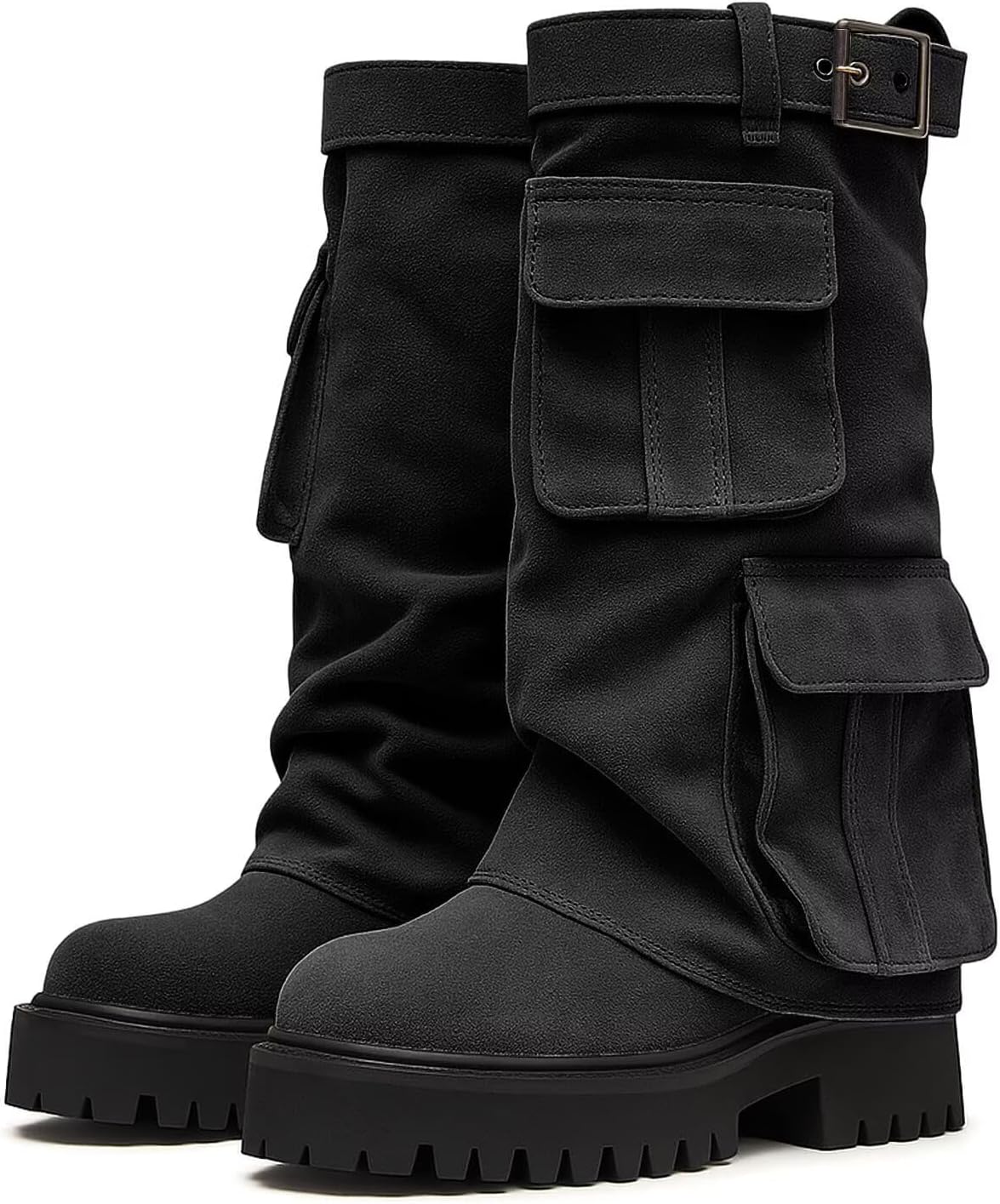 Agodor Women's Fold Over Boots for Women Platform Knee High Boots Round Toe Pull On Riding Biker Booties Buckle Chunky Vintage Moto Boot