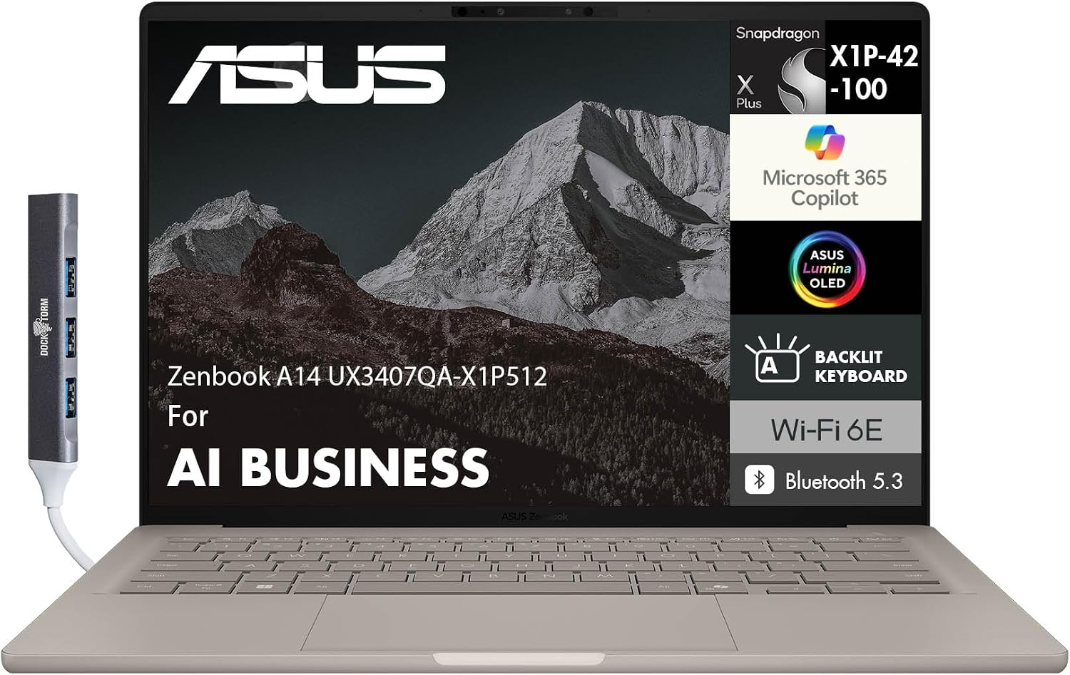 Zenbook A14 Copilot+ PC AI Business Laptop UX3407 14.0" WUXGA OLED | Qualcomm Snapdragon X Plus (Up to 45 Tops, 8-core), 16GB LPDDR5X, 512GB SSD, WiFi 6E, Win 11 Home) w/DKZ USB Port Expander